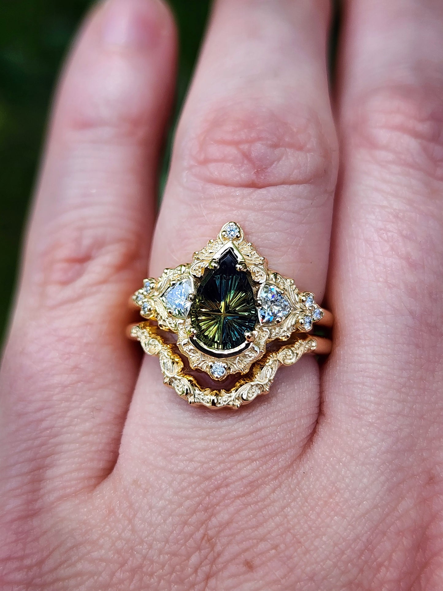 1.32ct Parti Sapphire Pear Fantasy Cut Delilah Ring Set 14k Yellow Gold image 10