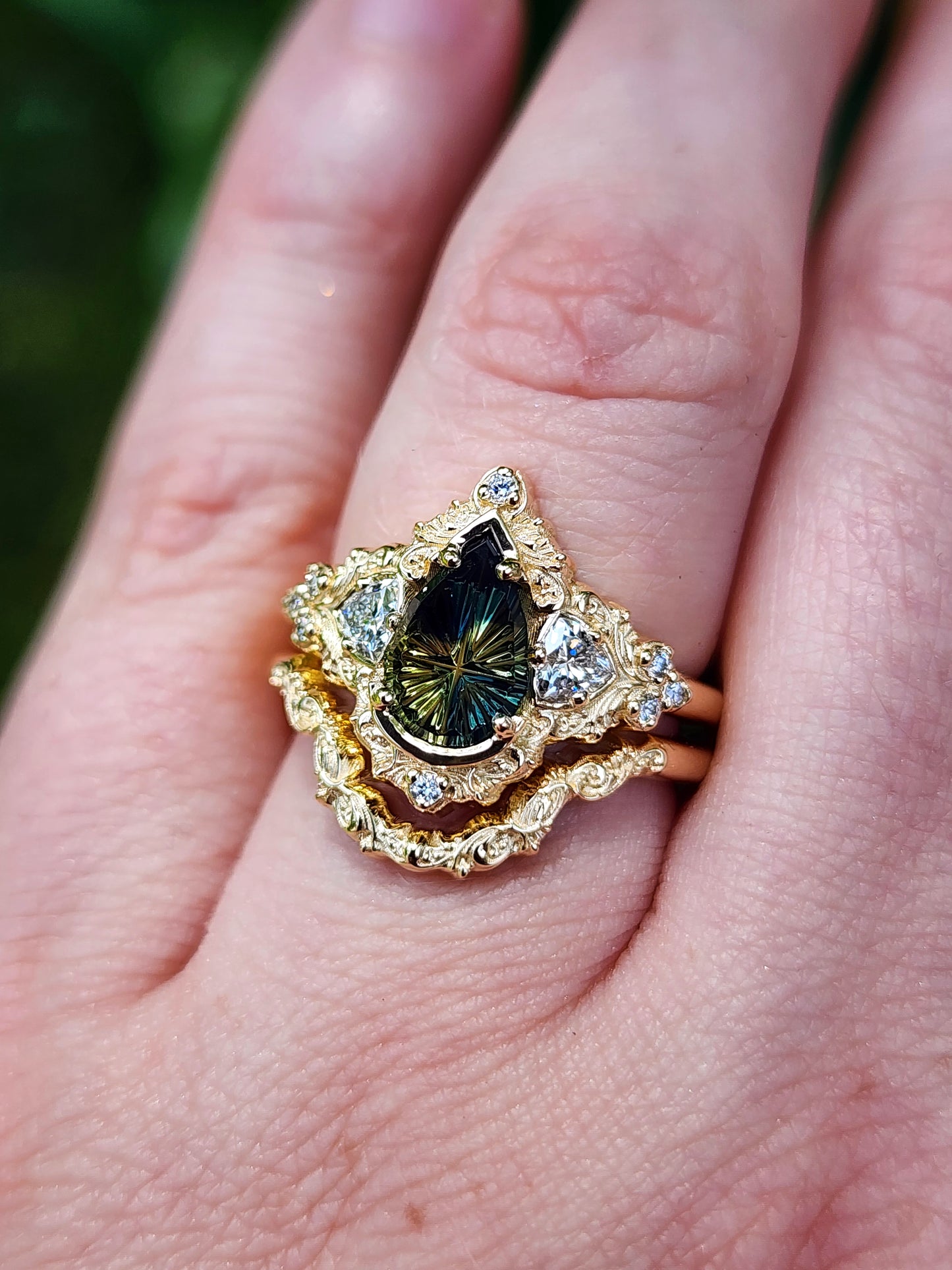 1.32ct Parti Sapphire Pear Fantasy Cut Delilah Ring Set 14k Yellow Gold image 11