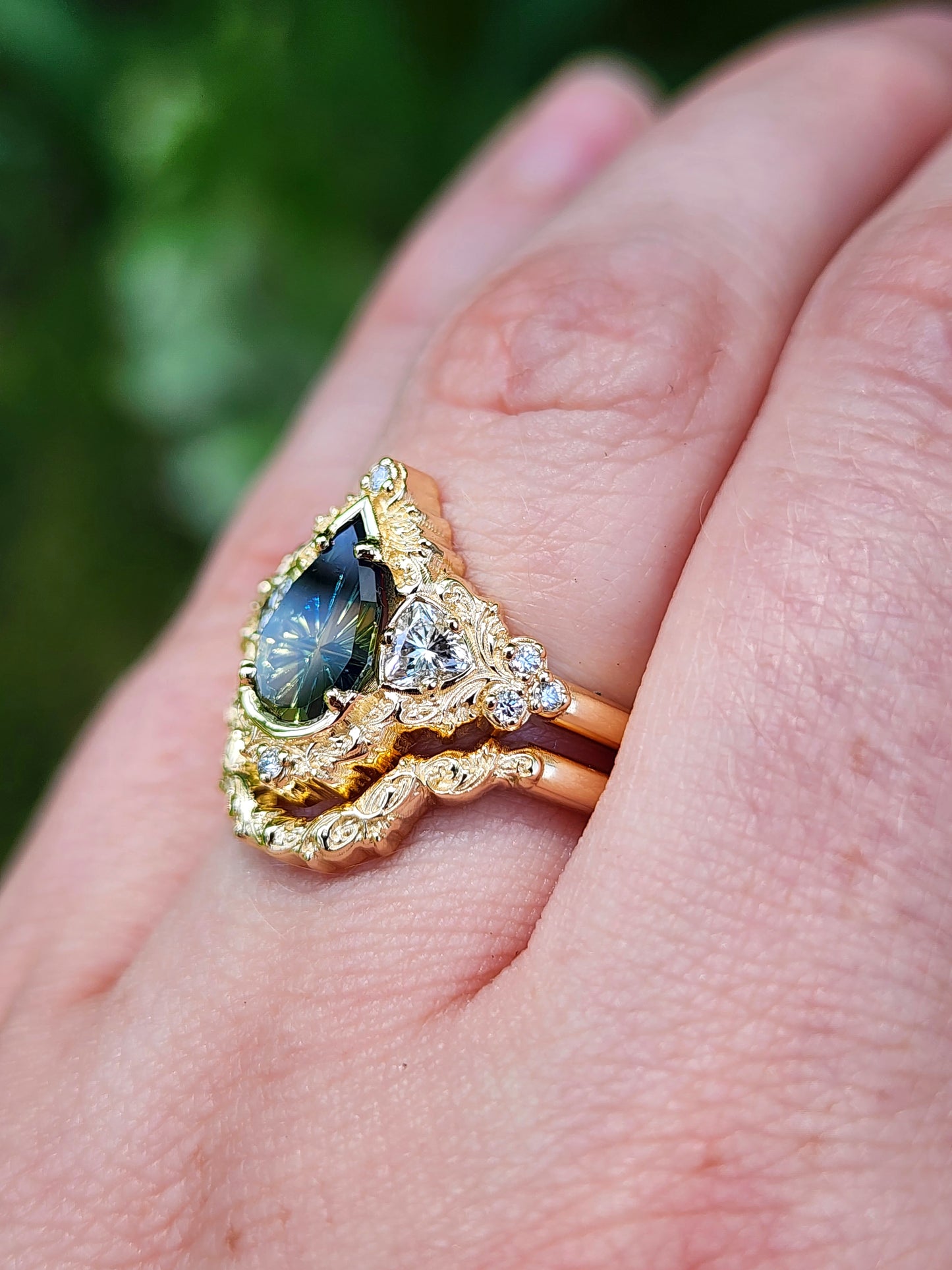 1.32ct Parti Sapphire Pear Fantasy Cut Delilah Ring Set 14k Yellow Gold image 13