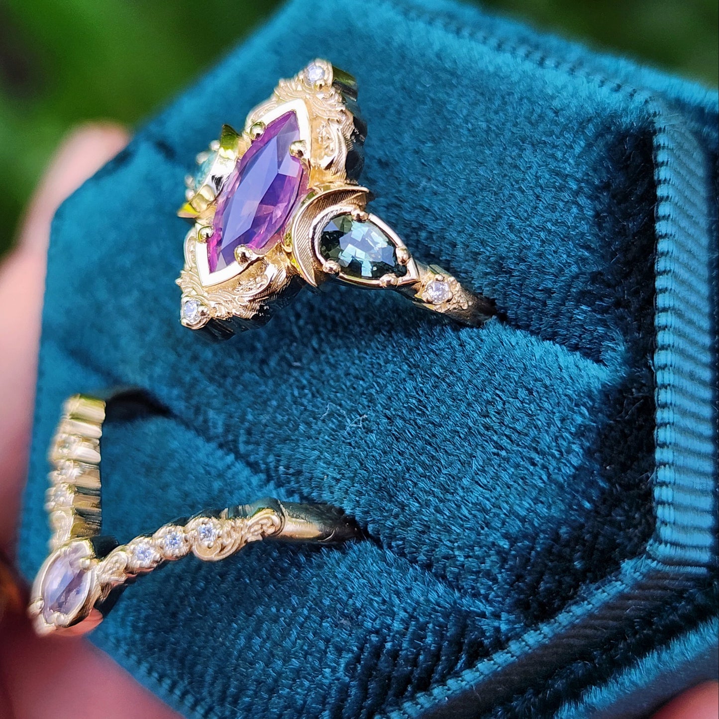.83ct Natural Purple Opalescent Sapphire Marquise Moonlight Odette Ring Set 14k Yellow Gold image 4