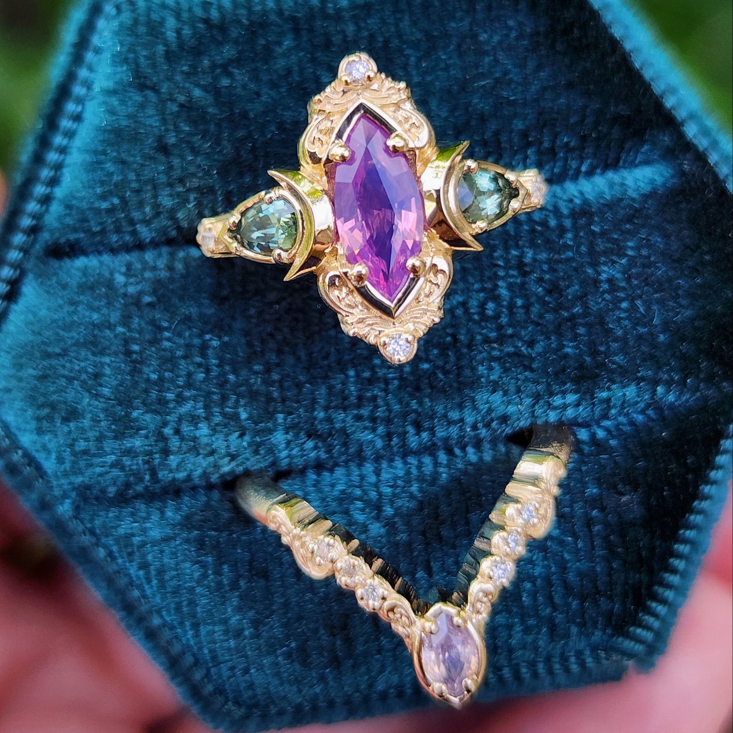 .83ct Natural Purple Opalescent Sapphire Marquise Moonlight Odette Ring Set 14k Yellow Gold image 3