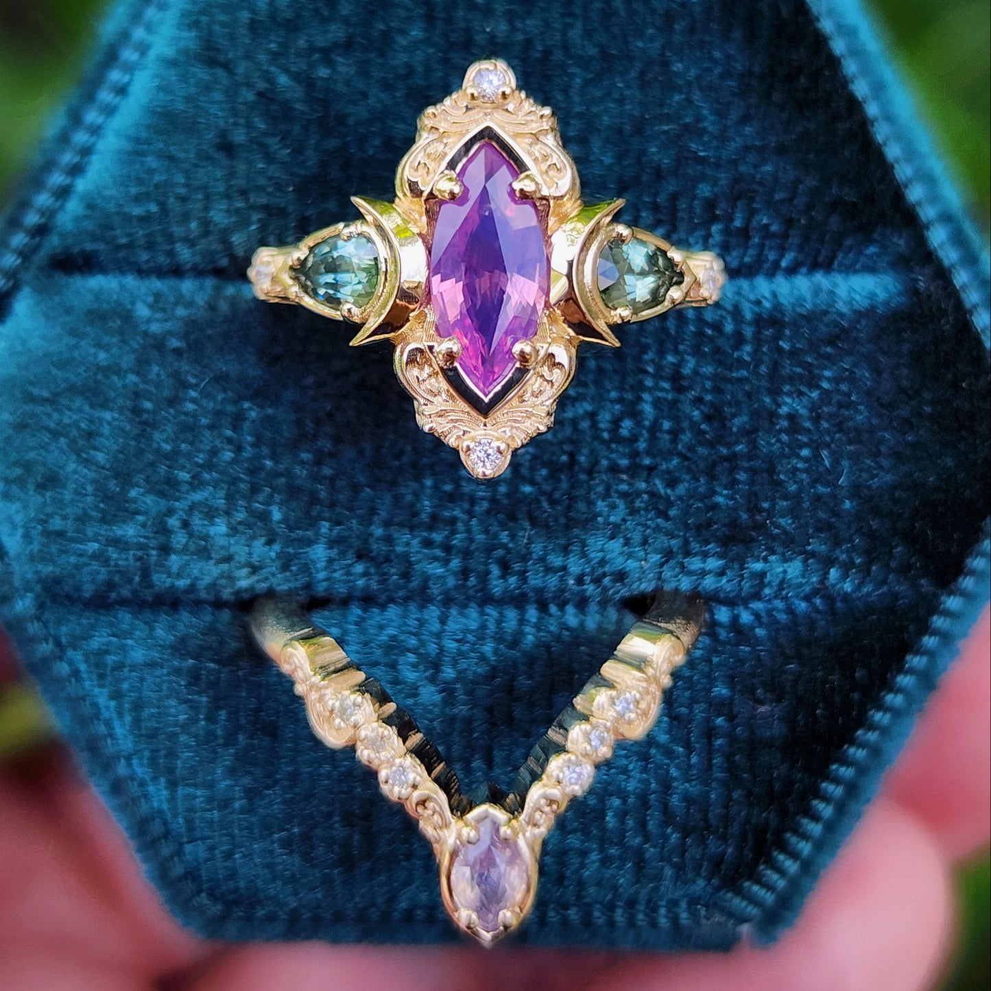 .83ct Natural Purple Opalescent Sapphire Marquise Moonlight Odette Ring Set 14k Yellow Gold image 1