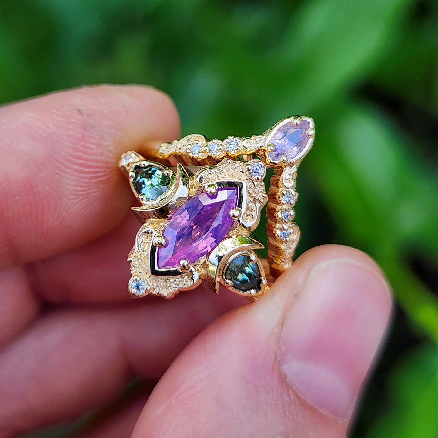 .83ct Natural Purple Opalescent Sapphire Marquise Moonlight Odette Ring Set 14k Yellow Gold image 5
