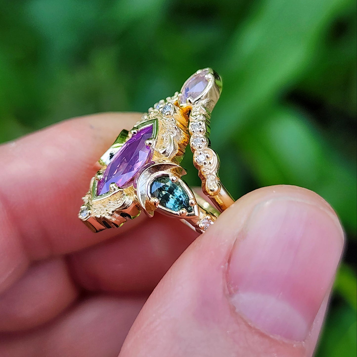 .83ct Natural Purple Opalescent Sapphire Marquise Moonlight Odette Ring Set 14k Yellow Gold image 6