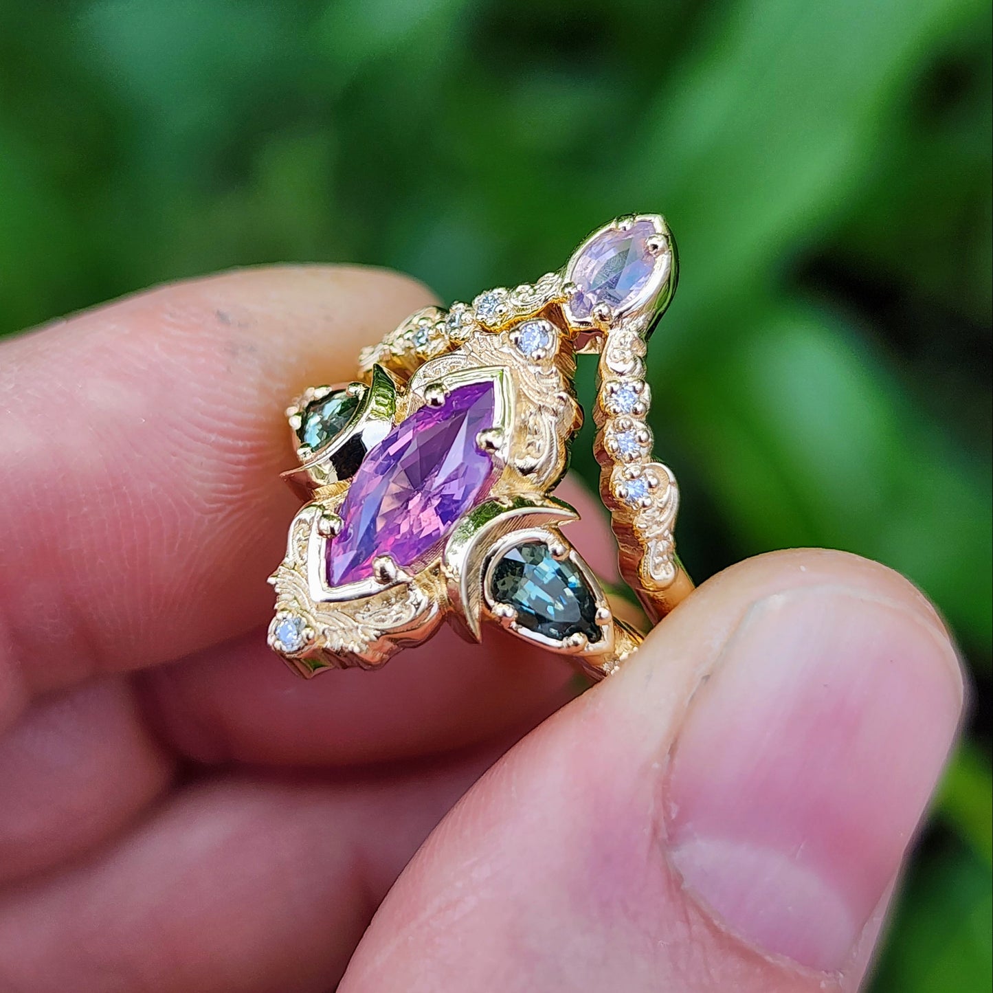 .83ct Natural Purple Opalescent Sapphire Marquise Moonlight Odette Ring Set 14k Yellow Gold image 8
