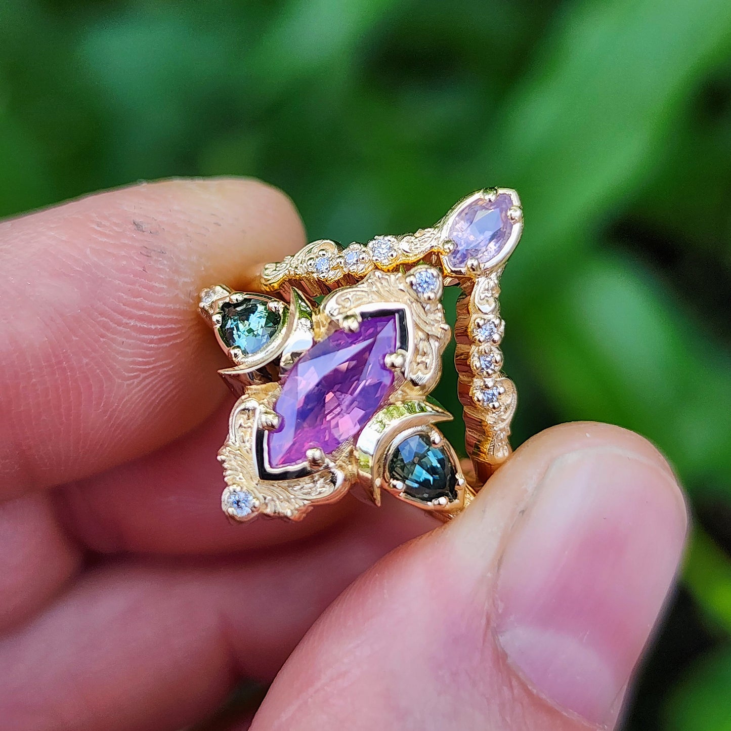 .83ct Natural Purple Opalescent Sapphire Marquise Moonlight Odette Ring Set 14k Yellow Gold image 7