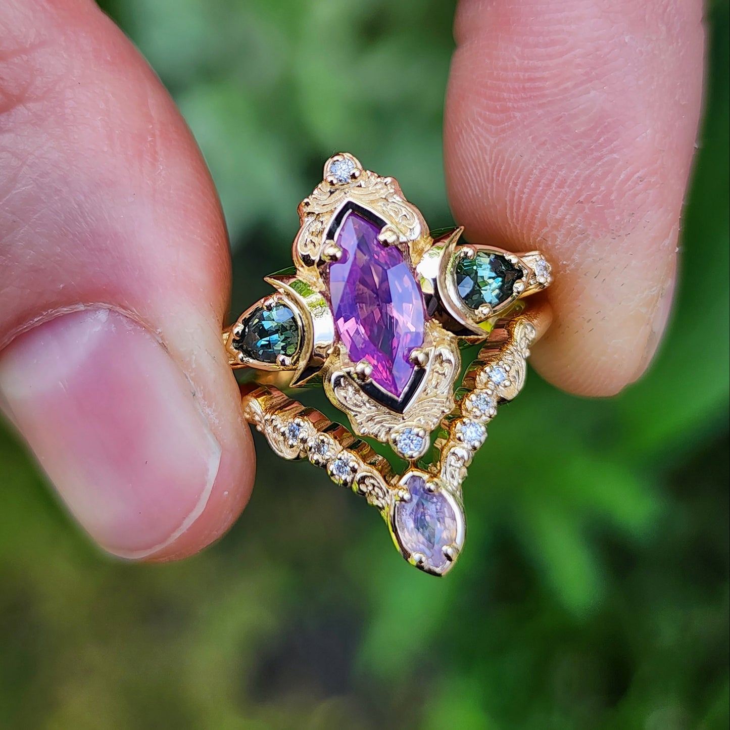 .83ct Natural Purple Opalescent Sapphire Marquise Moonlight Odette Ring Set 14k Yellow Gold 2