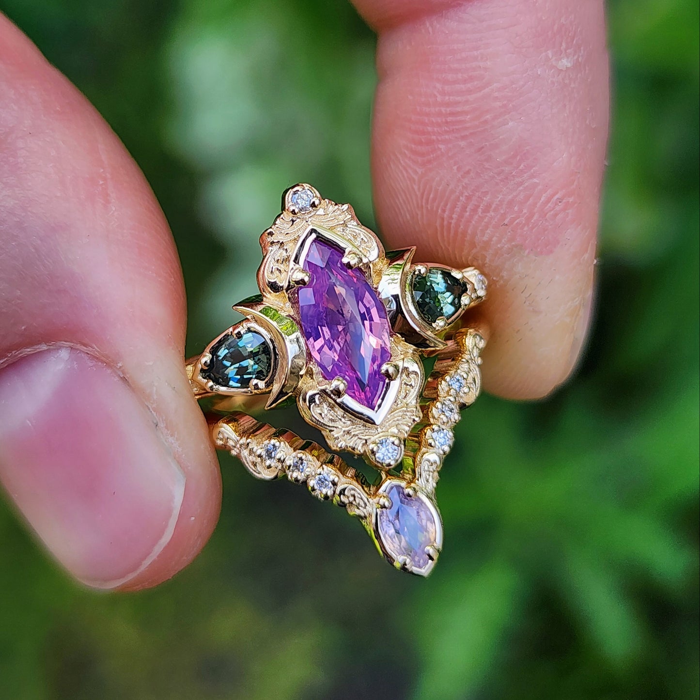 .83ct Natural Purple Opalescent Sapphire Marquise Moonlight Odette Ring Set 14k Yellow Gold image 9