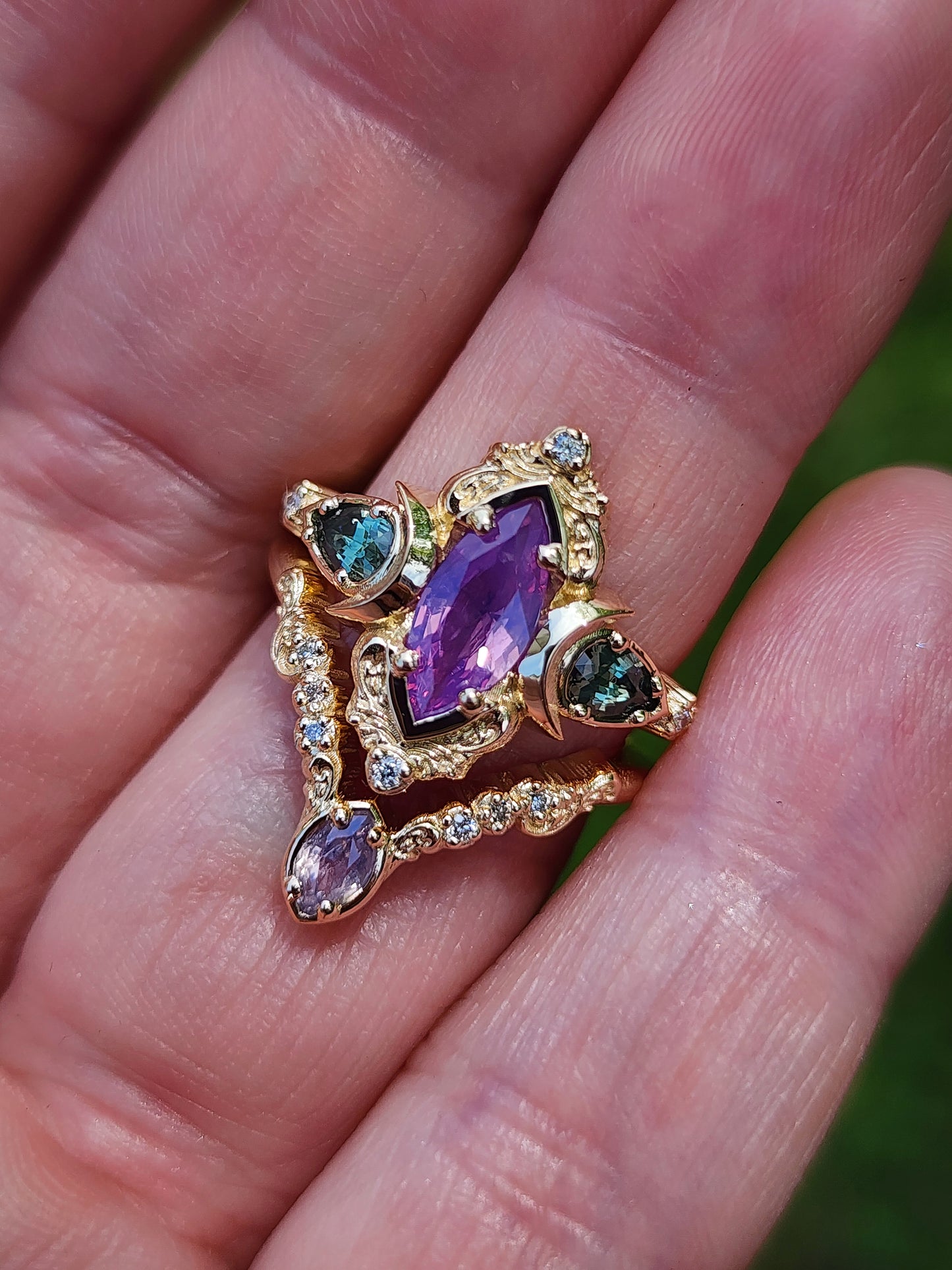 .83ct Natural Purple Opalescent Sapphire Marquise Moonlight Odette Ring Set 14k Yellow Gold image 11