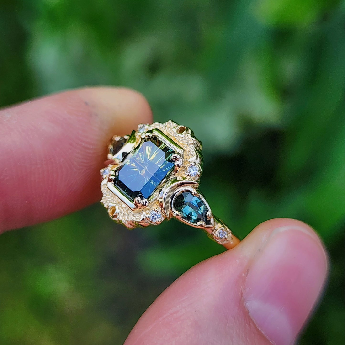 1.28ct Natural Australian Parti Sapphire Fantasy Radiant Cut Moonlight Odette 14k Yellow Gold image  7
