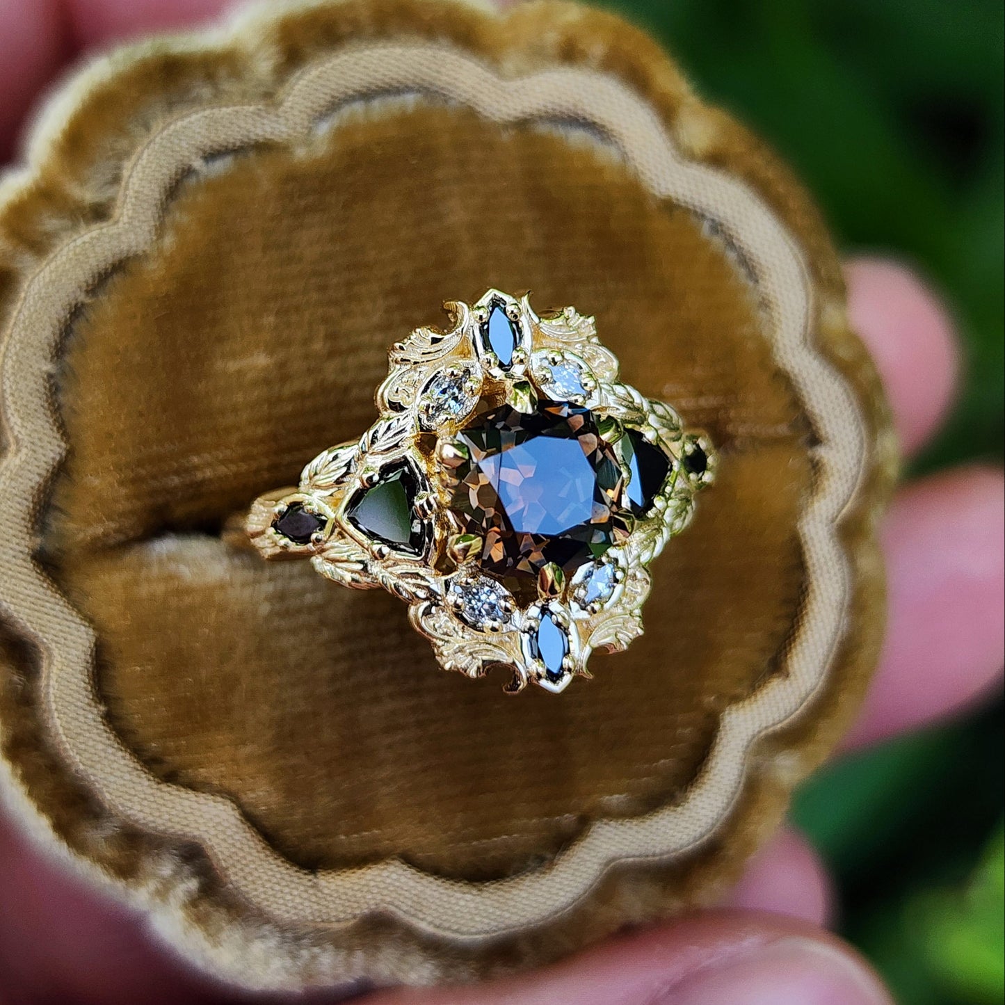 Old European Cut Cushion Montana Sapphire Athena Ring 14k Yellow Gold image 3