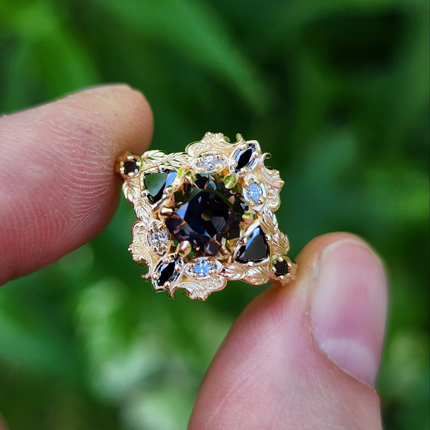 Old European Cut Cushion Montana Sapphire Athena Ring 14k Yellow Gold image 2