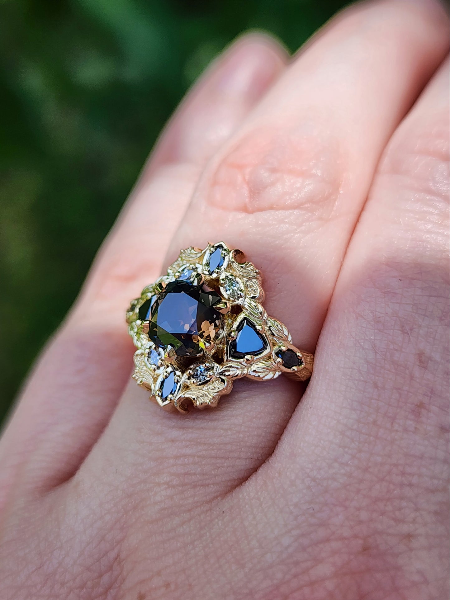 Old European Cut Cushion Montana Sapphire Athena Ring 14k Yellow Gold image 11