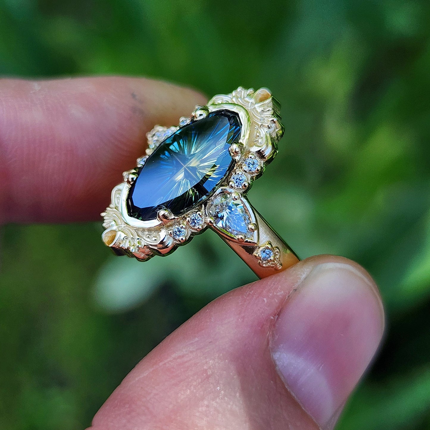 3.12ct Natural Australian Parti Fantasy Moval Cut Sapphire Wide Band Odette 14k Yellow Gold image 8