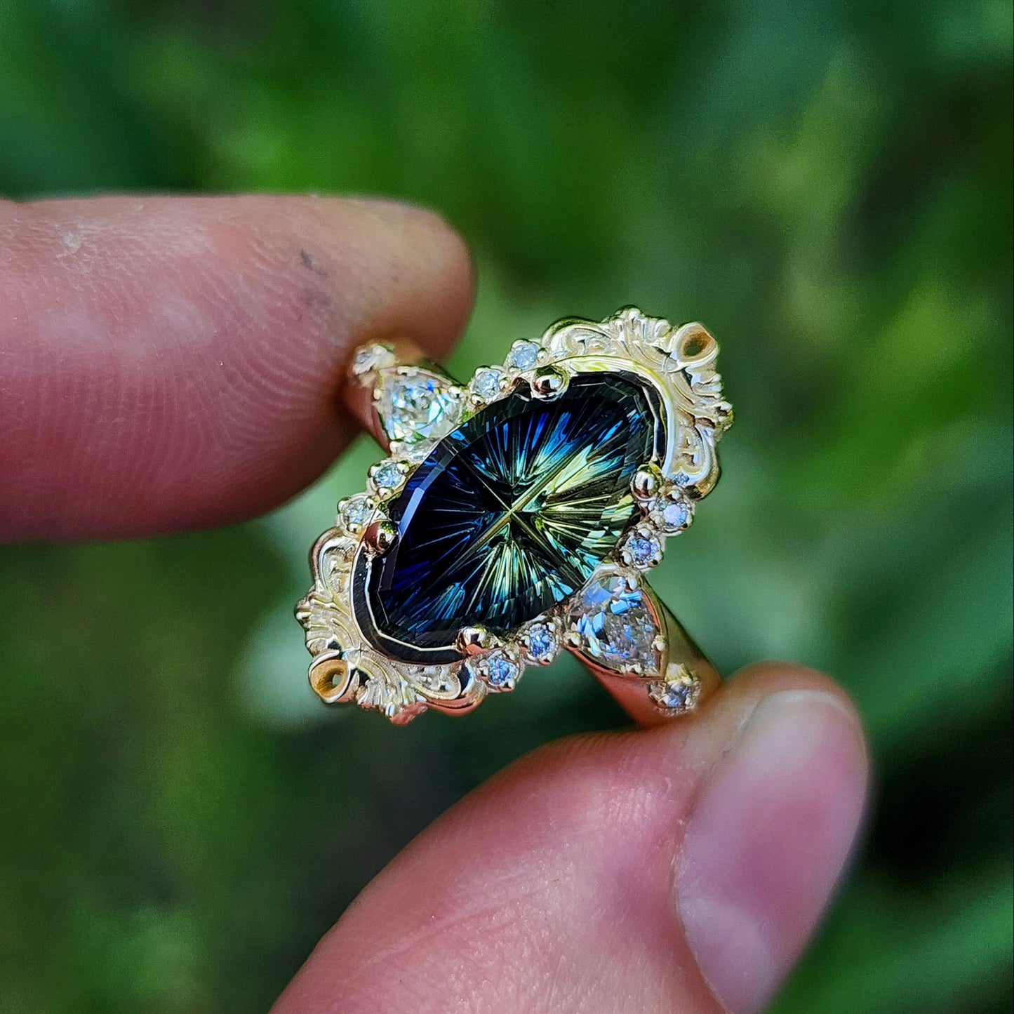 3.12ct Natural Australian Parti Fantasy Moval Cut Sapphire Wide Band Odette 14k Yellow Gold image 9