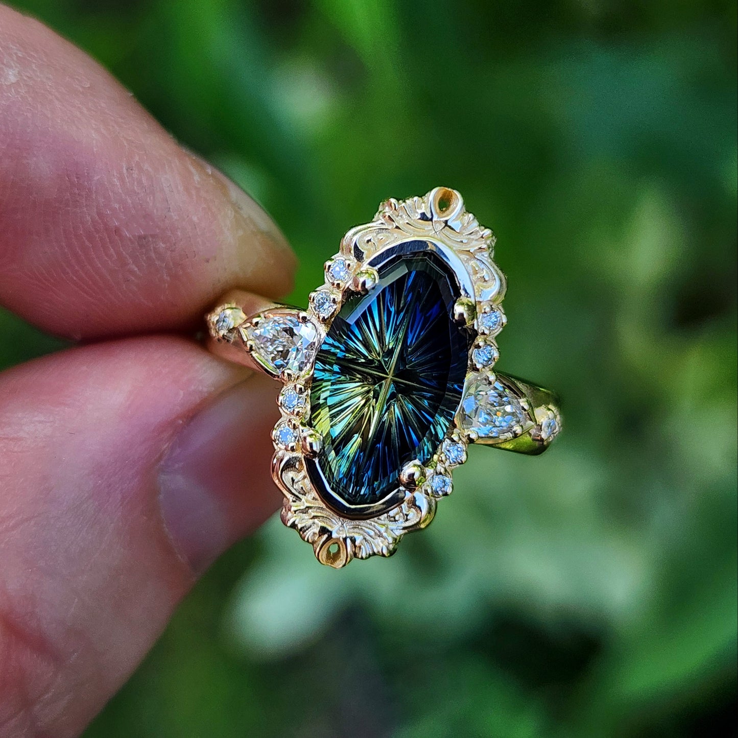 3.12ct Natural Australian Parti Fantasy Moval Cut Sapphire Wide Band Odette 14k Yellow Gold image 10