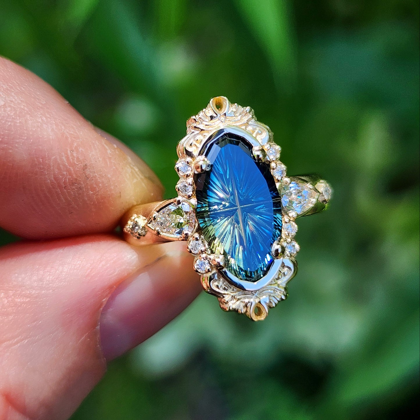 3.12ct Natural Australian Parti Fantasy Moval Cut Sapphire Wide Band Odette 14k Yellow Gold image 11