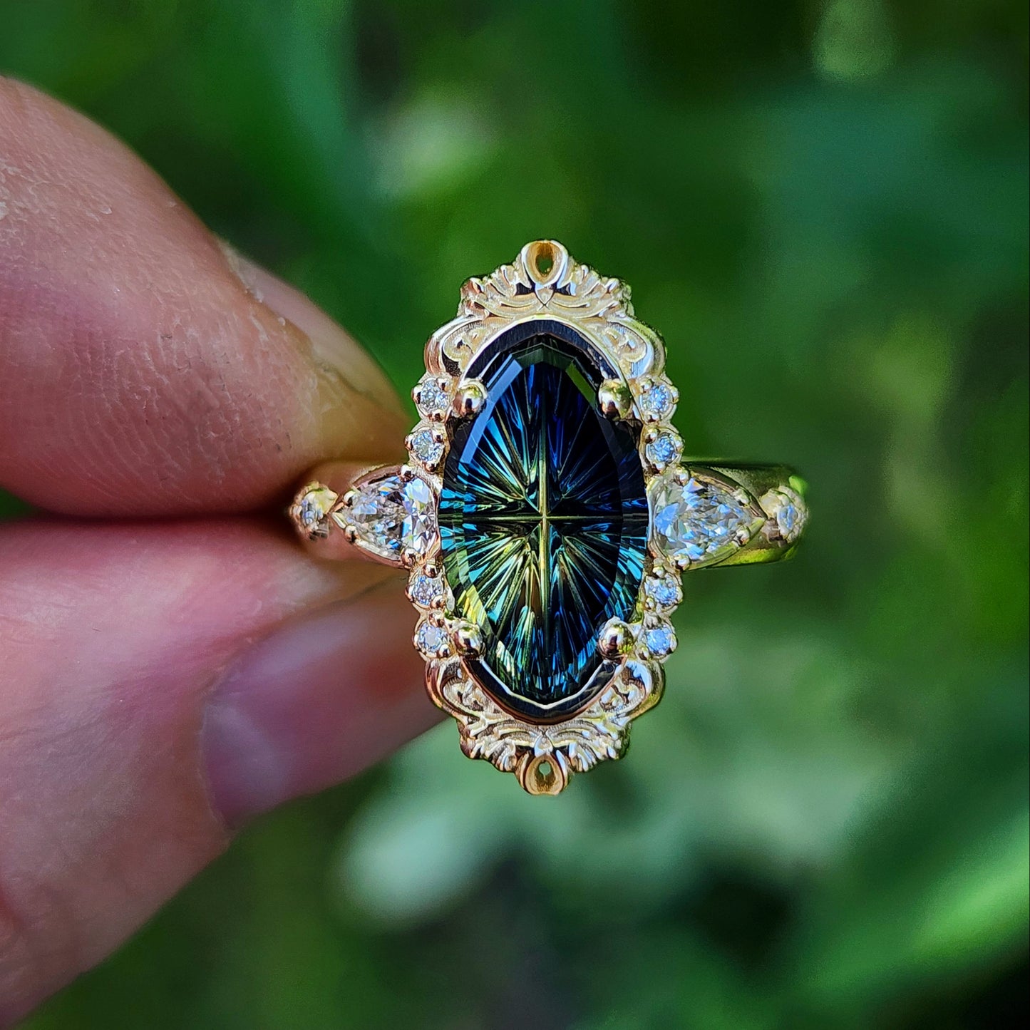 3.12ct Natural Australian Parti Fantasy Moval Cut Sapphire Wide Band Odette 14k Yellow Gold image 2