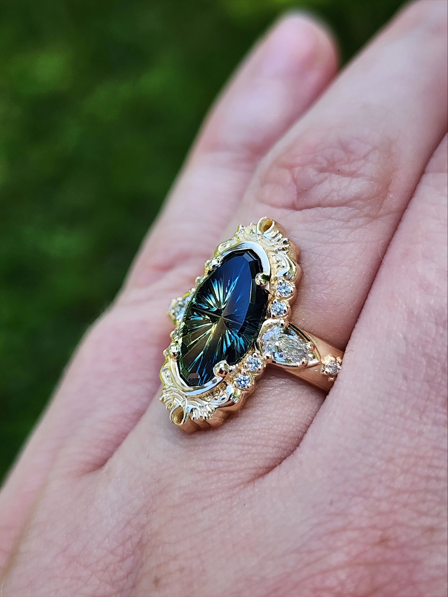 3.12ct Natural Australian Parti Fantasy Moval Cut Sapphire Wide Band Odette 14k Yellow Gold image 12