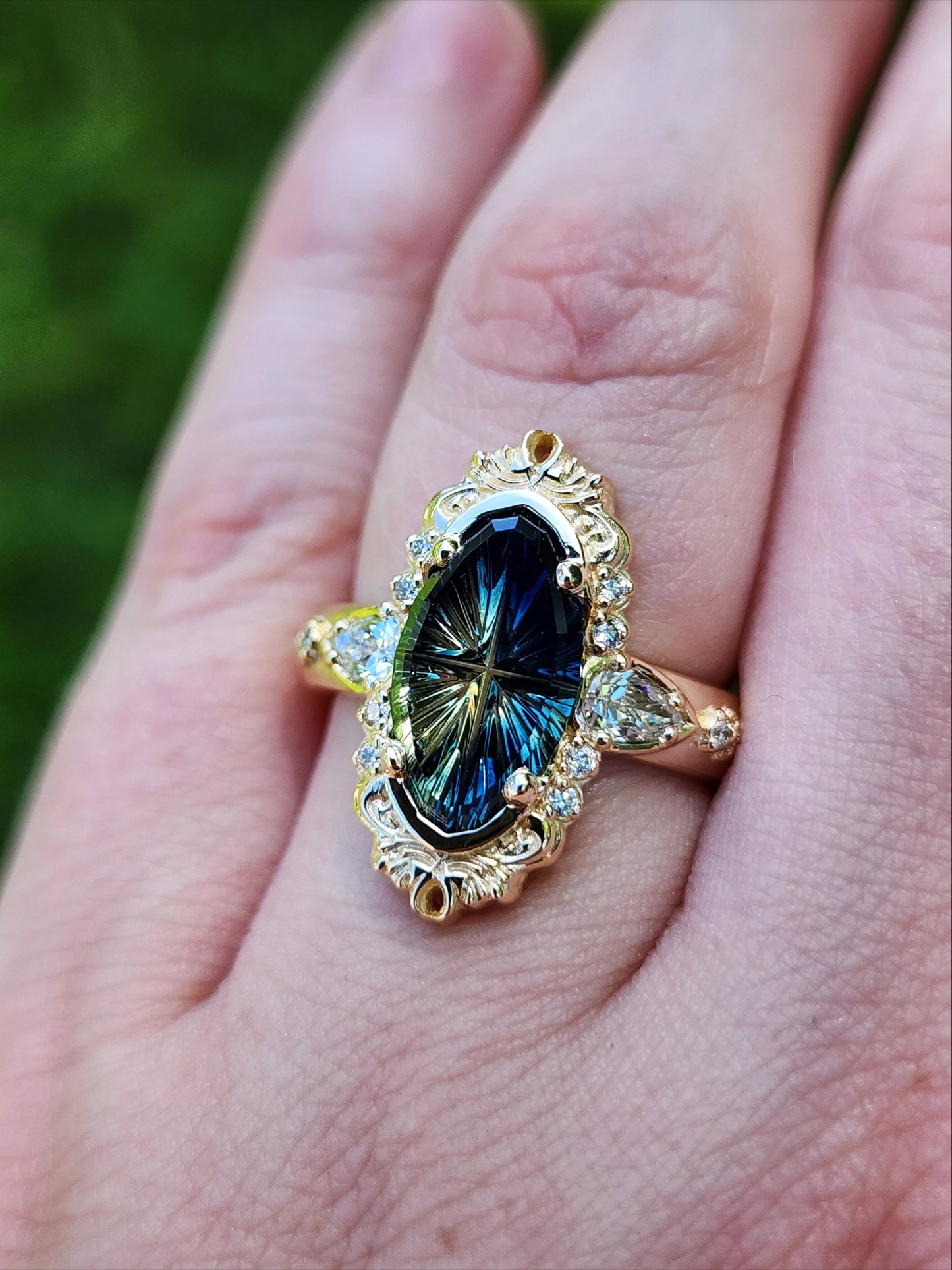 3.12ct Natural Australian Parti Fantasy Moval Cut Sapphire Wide Band Odette 14k Yellow Gold image 13