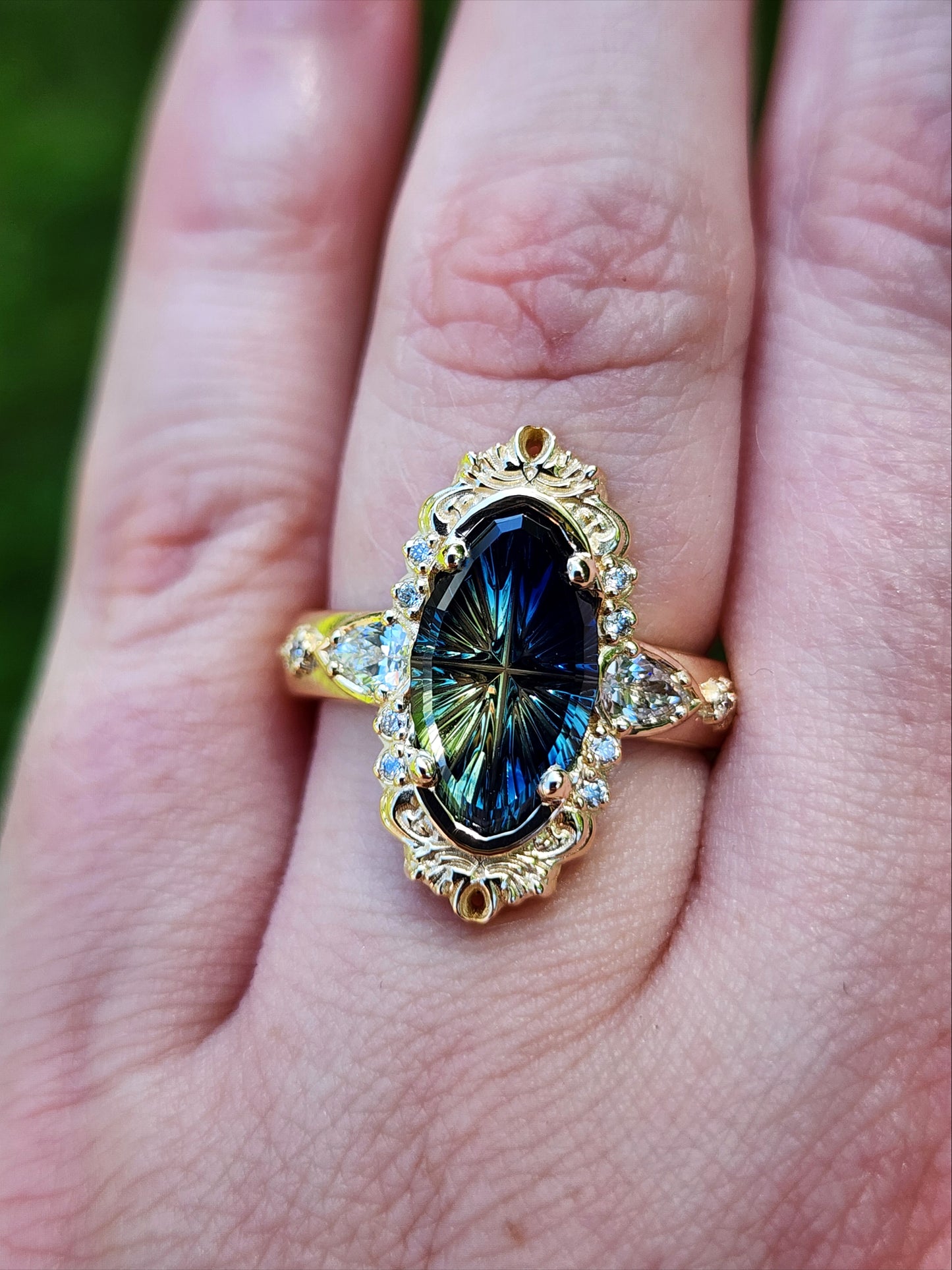 3.12ct Natural Australian Parti Fantasy Moval Cut Sapphire Wide Band Odette 14k Yellow Gold image 14