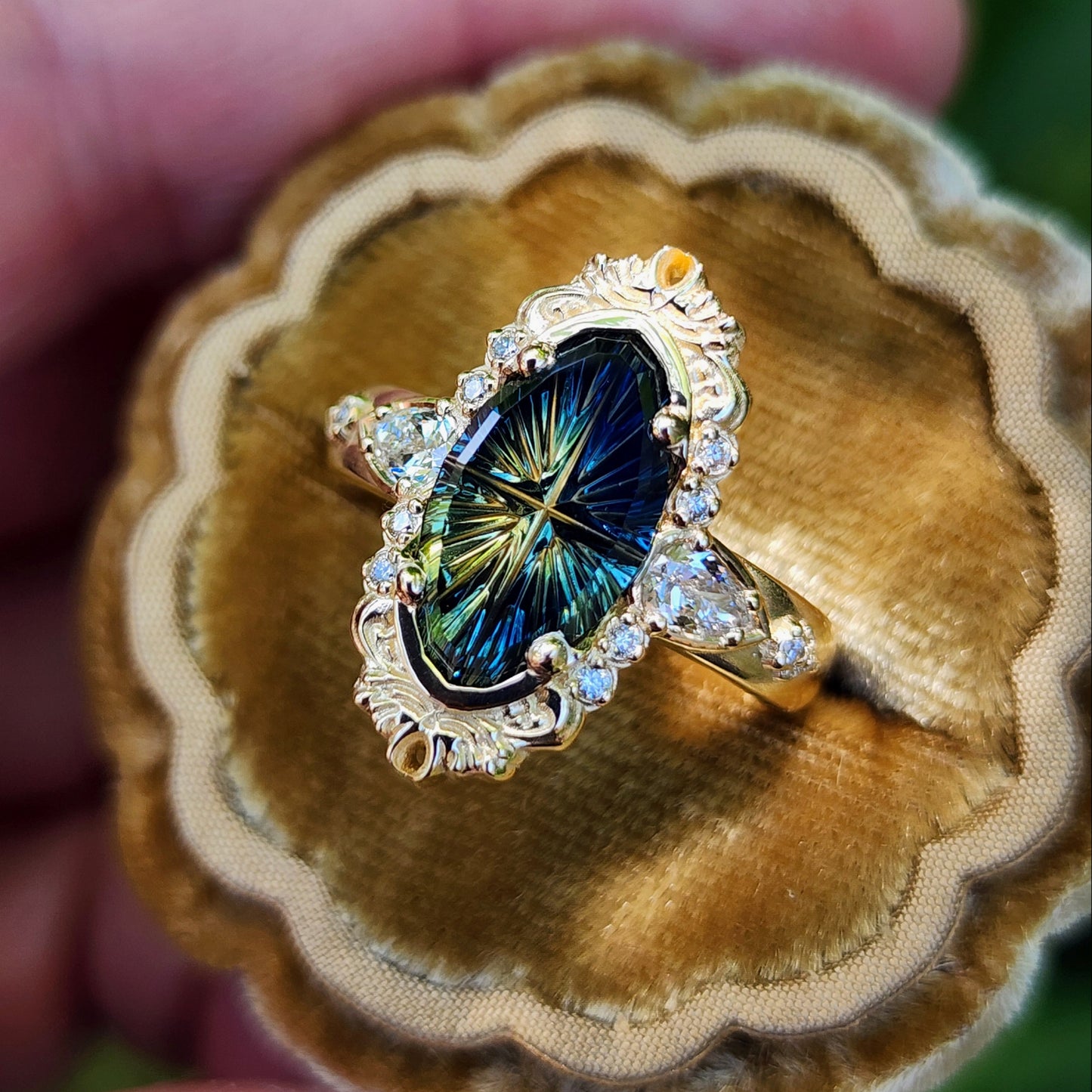 3.12ct Natural Australian Parti Fantasy Moval Cut Sapphire Wide Band Odette 14k Yellow Gold image 3