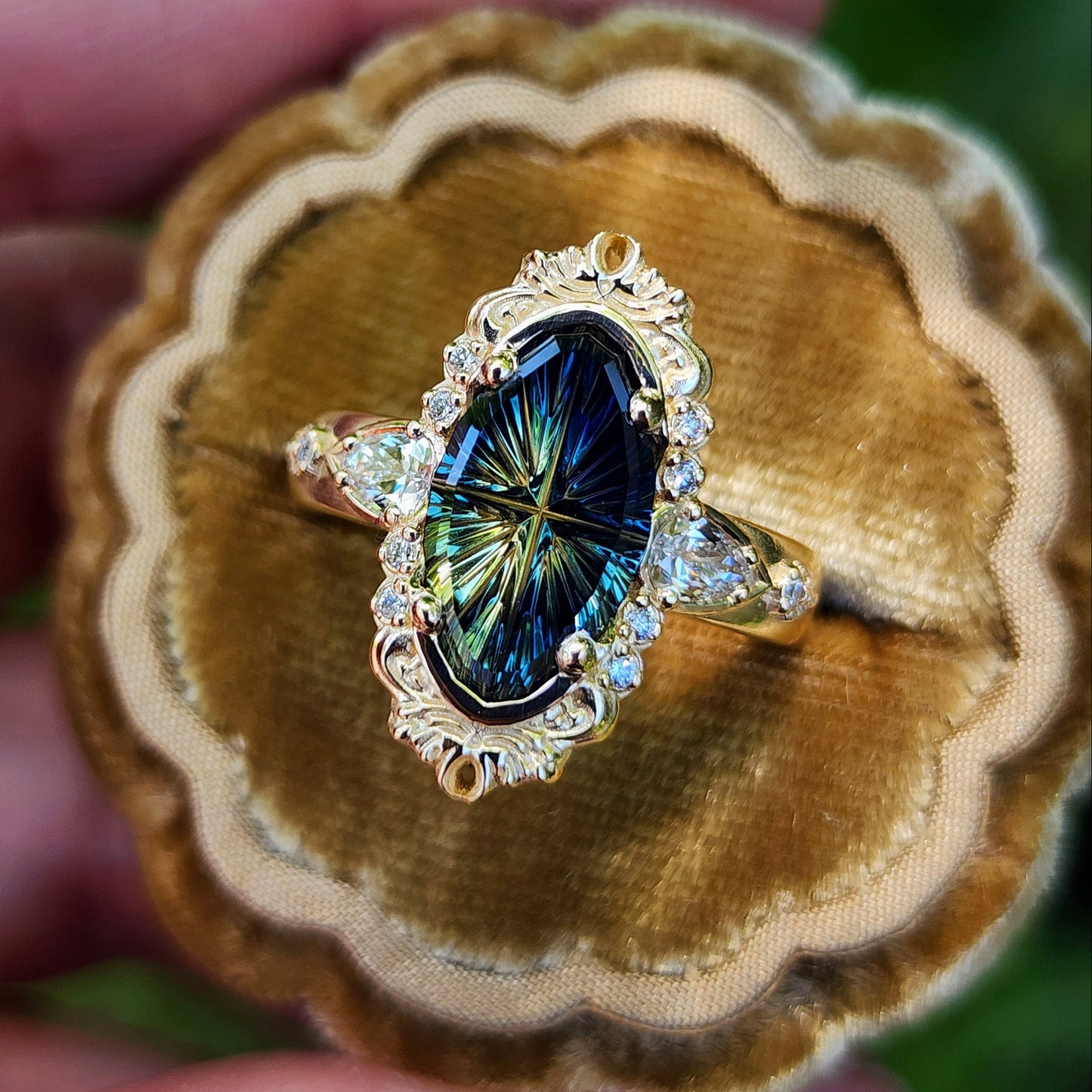 3.12ct Natural Australian Parti Fantasy Moval Cut Sapphire Wide Band Odette 14k Yellow Gold image 4