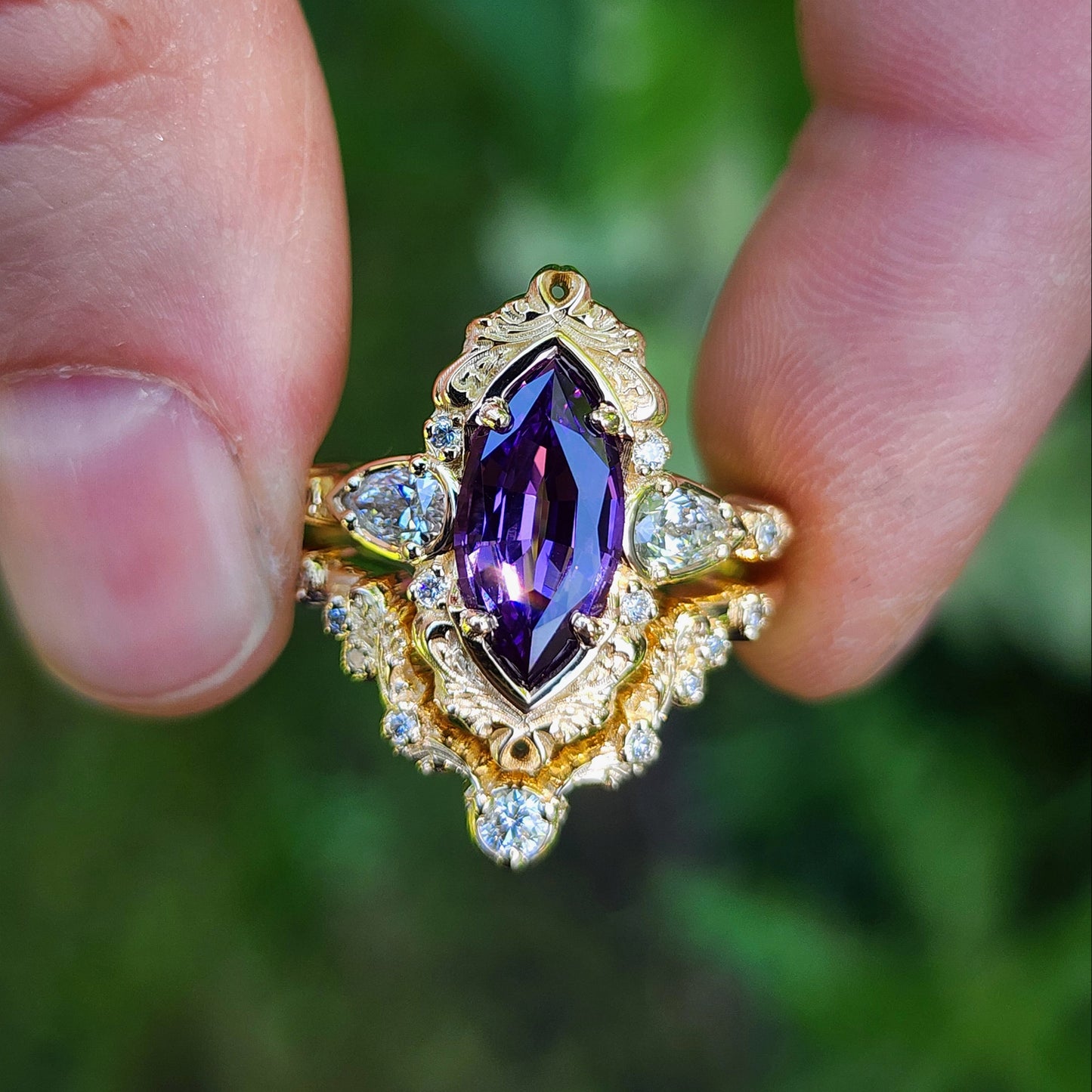2.35ct Chatham Purple Marquise Sapphire Odette Ring Set 14k Yellow Gold image 3