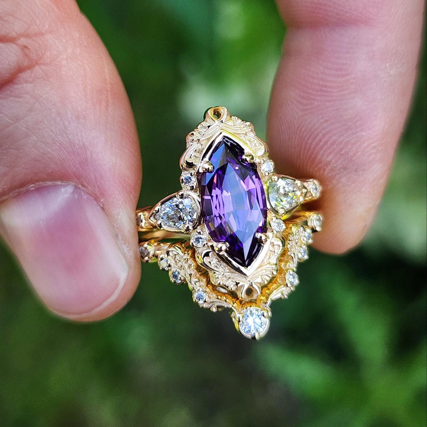 2.35ct Chatham Purple Marquise Sapphire Odette Ring Set 14k Yellow Gold image 4