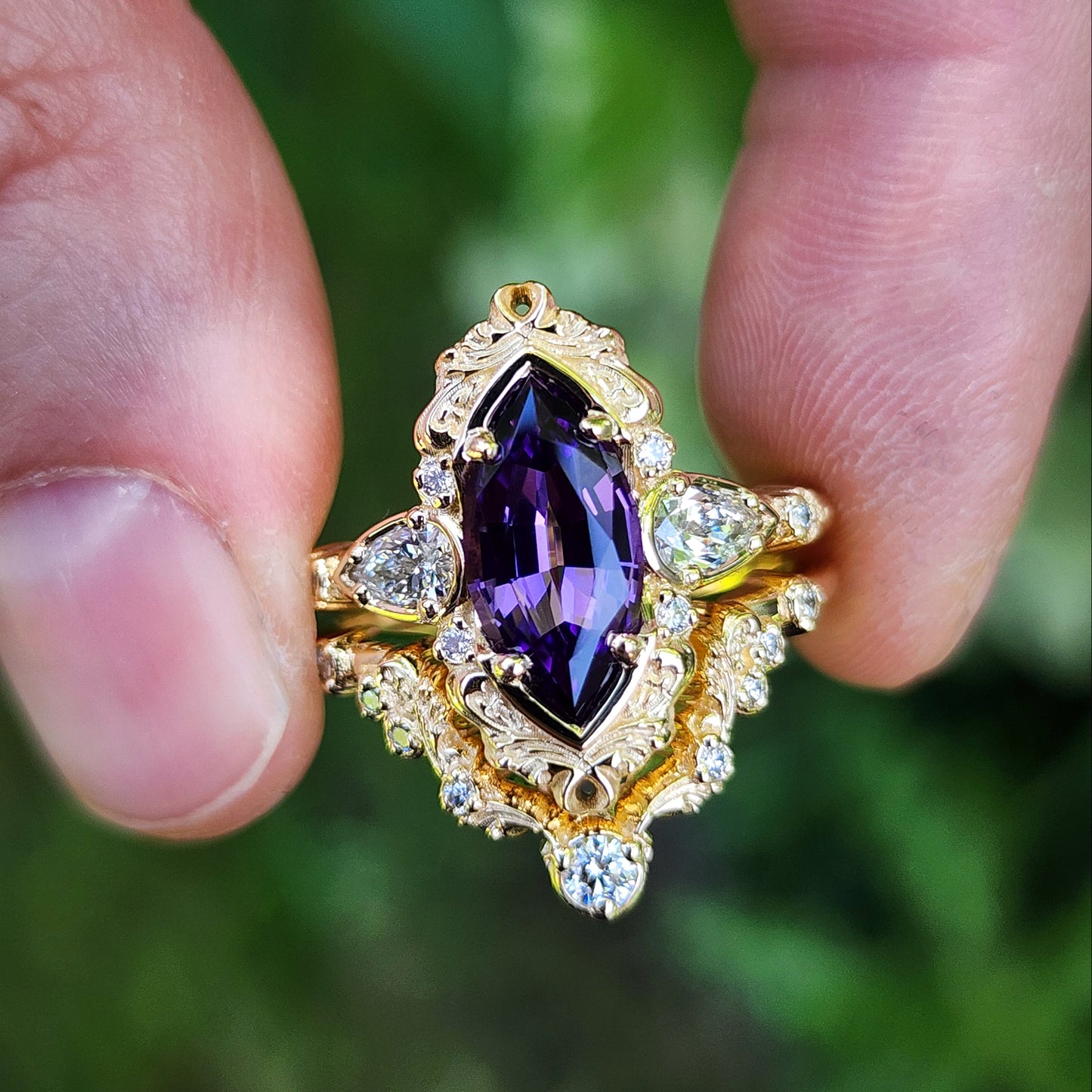 2.35ct Chatham Purple Marquise Sapphire Odette Ring Set 14k Yellow Gold image 1