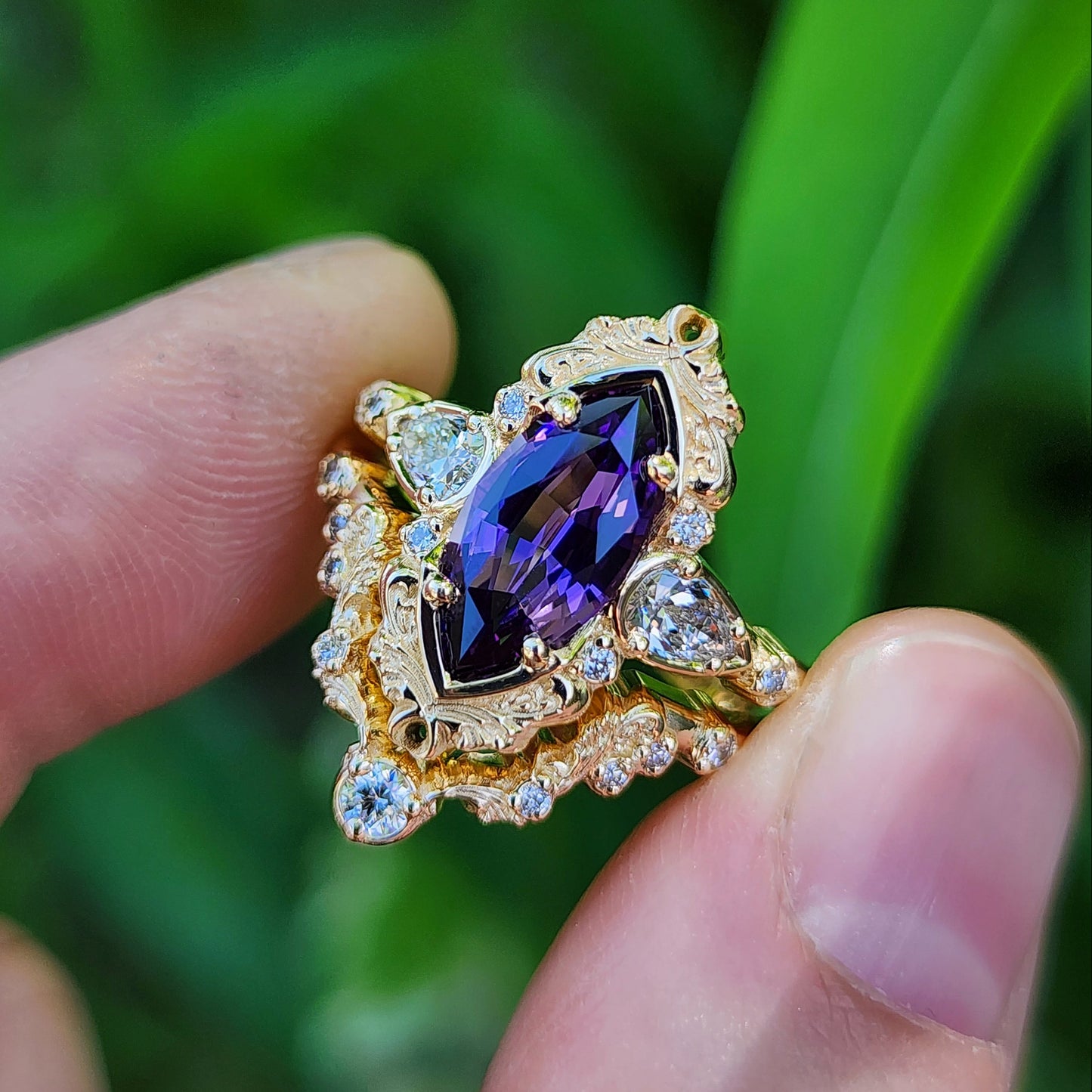 2.35ct Chatham Purple Marquise Sapphire Odette Ring Set 14k Yellow Gold image 6