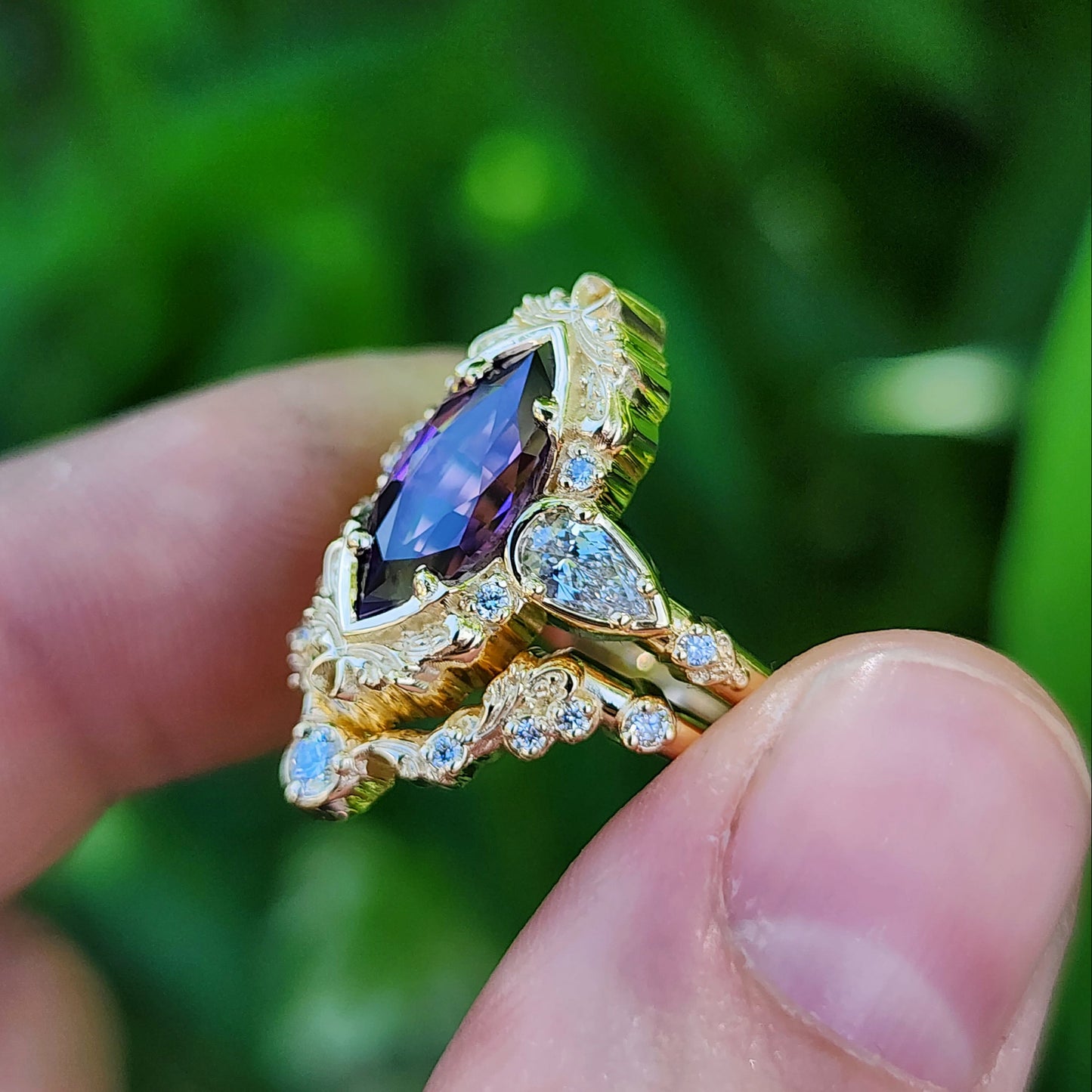 2.35ct Chatham Purple Marquise Sapphire Odette Ring Set 14k Yellow Gold image 7