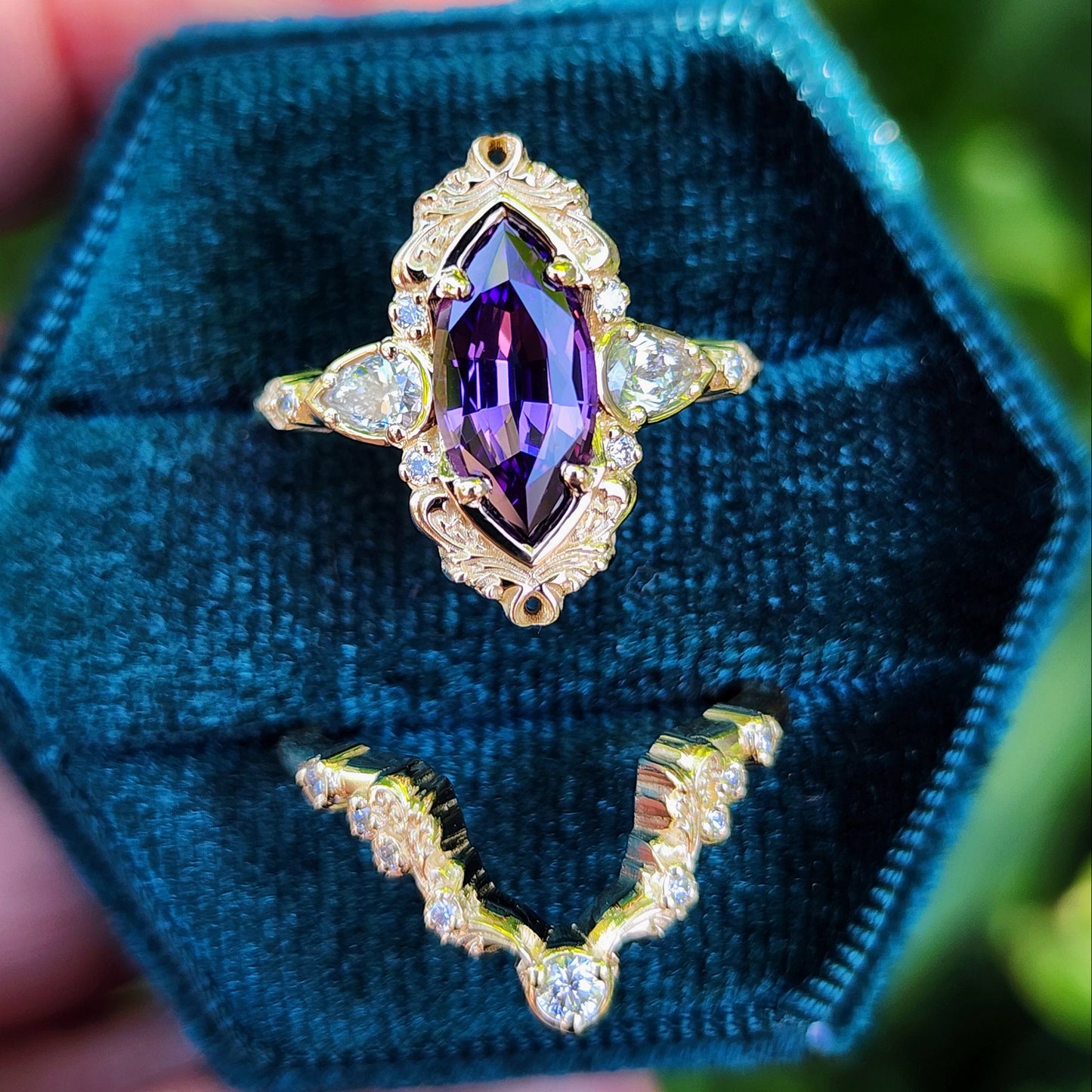 2.35ct Chatham Purple Marquise Sapphire Odette Ring Set 14k Yellow Gold image 2