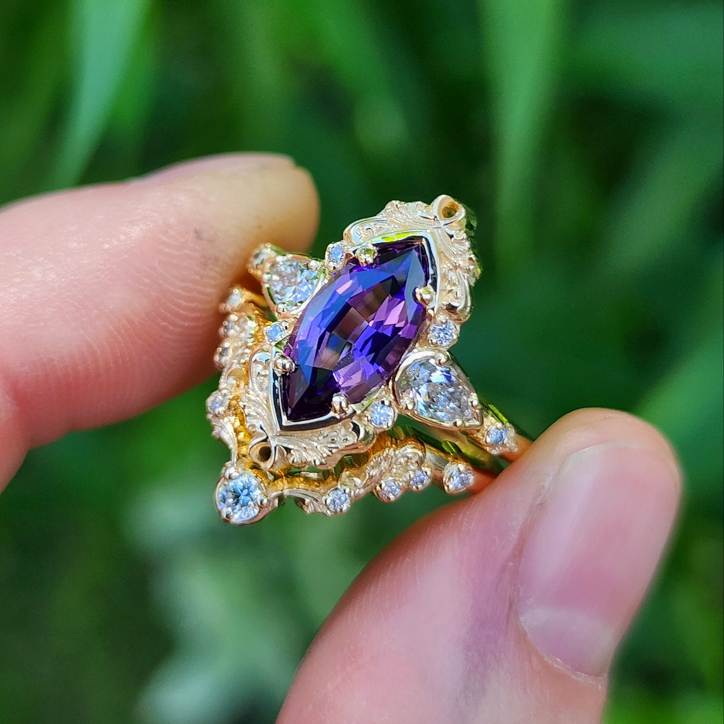 2.35ct Chatham Purple Marquise Sapphire Odette Ring Set 14k Yellow Gold image 5