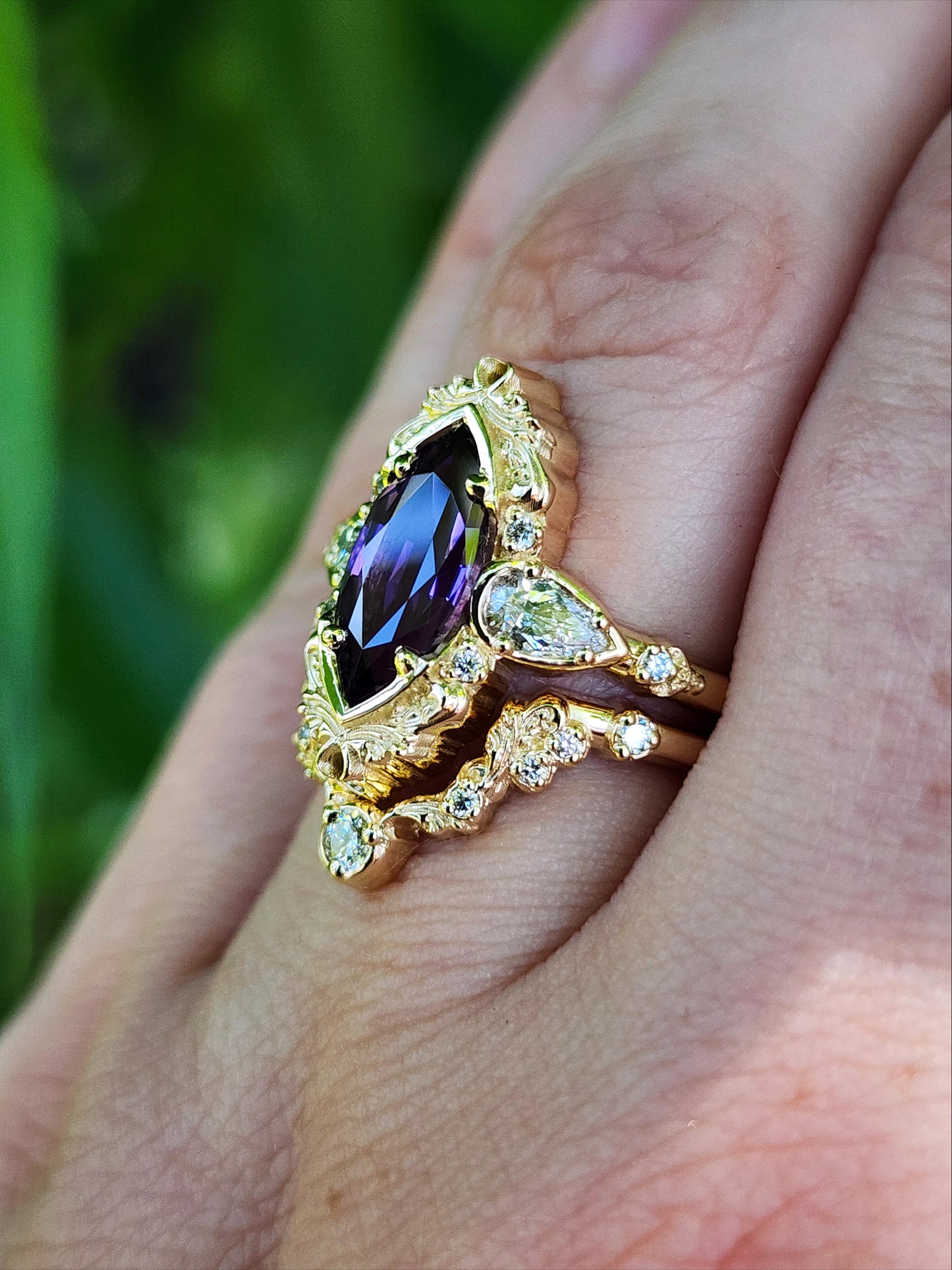 2.35ct Chatham Purple Marquise Sapphire Odette Ring Set 14k Yellow Gold image 11
