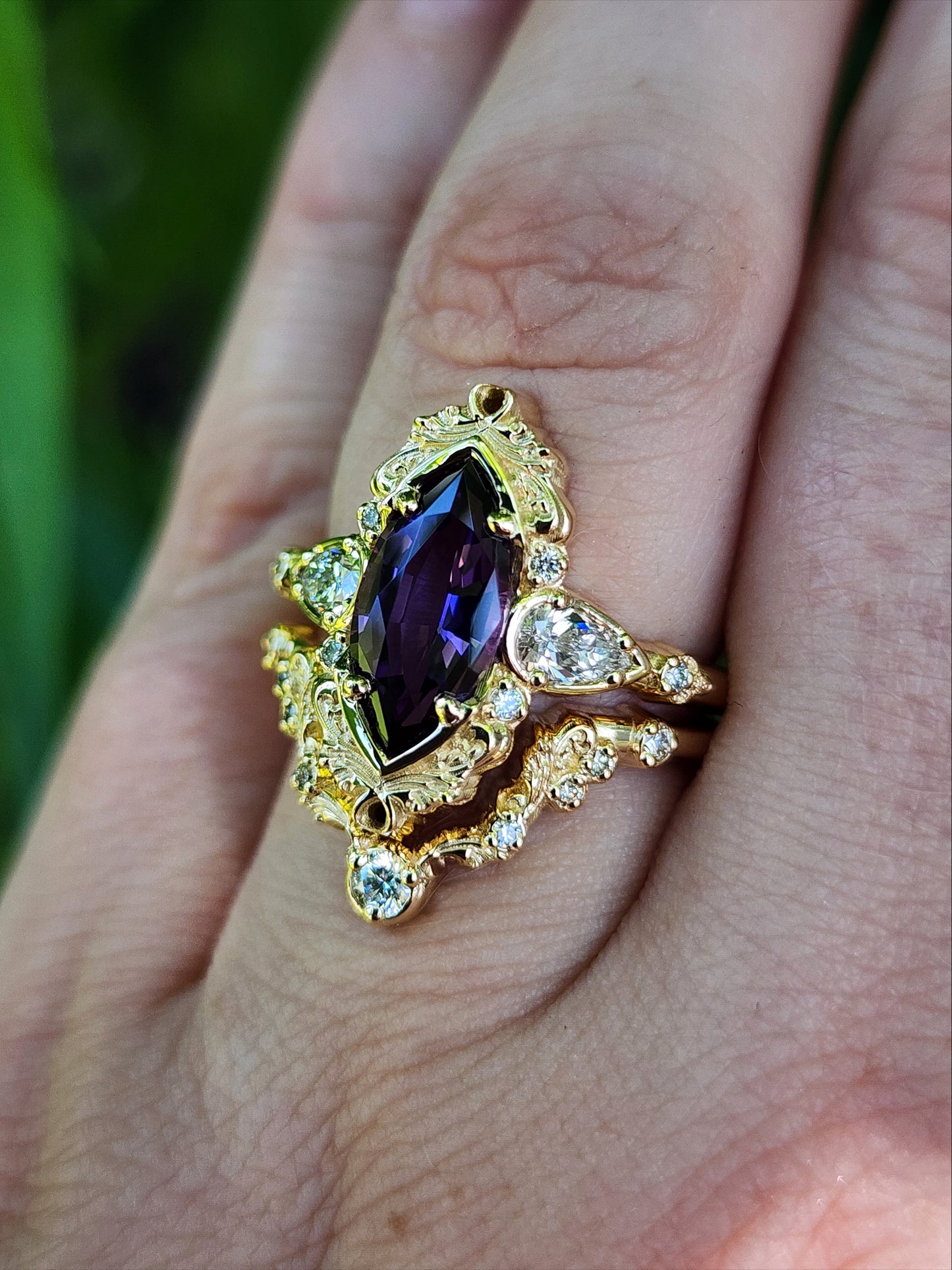 2.35ct Chatham Purple Marquise Sapphire Odette Ring Set 14k Yellow Gold image 10