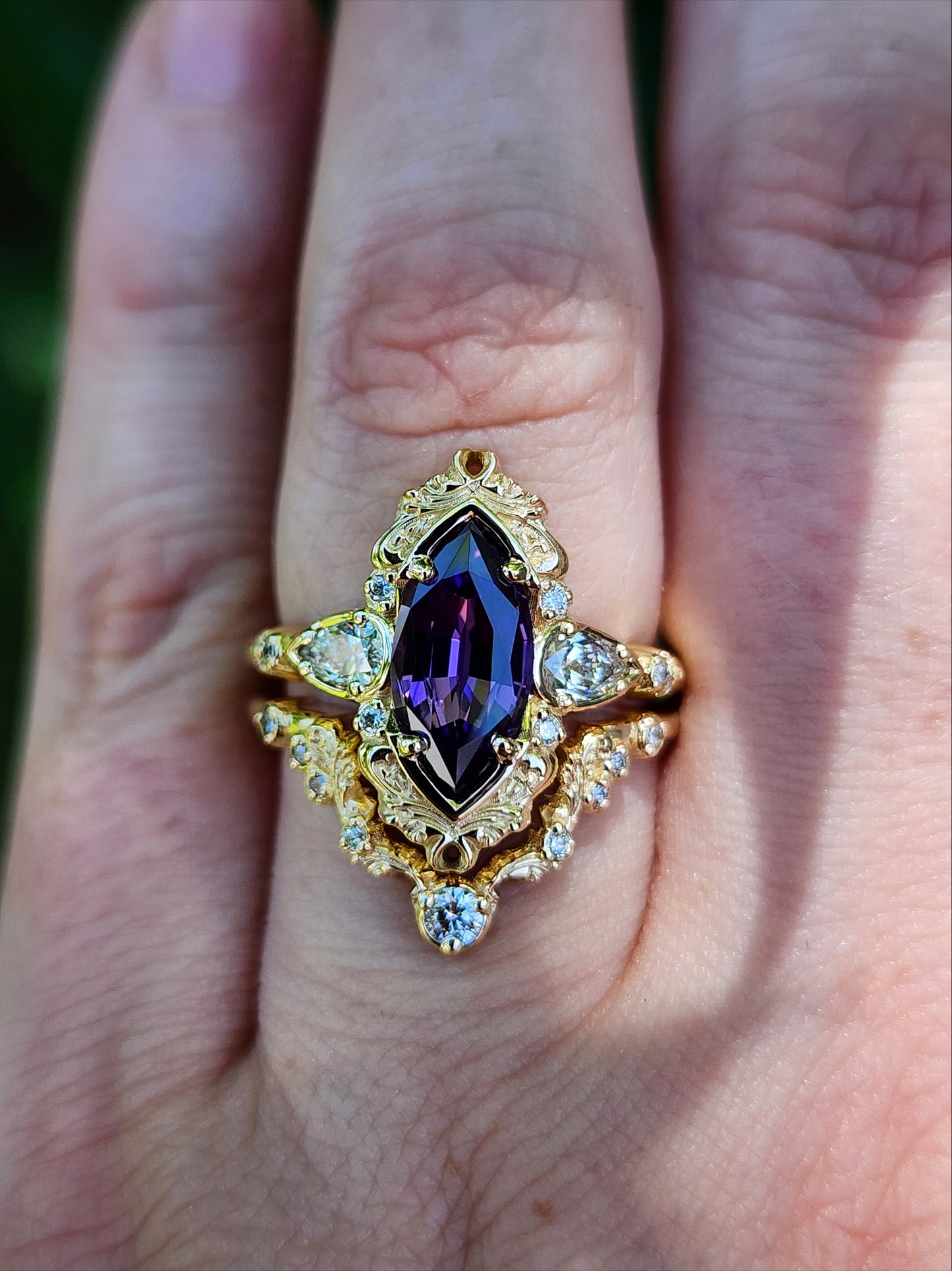 2.35ct Chatham Purple Marquise Sapphire Odette Ring Set 14k Yellow Gold image 9
