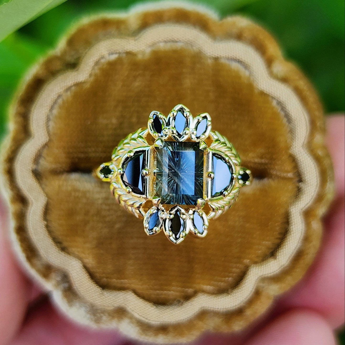 Natural Kenyan Sapphire Fantasy Emerald Cut Demeter Ring 14k Yellow Gold image 3