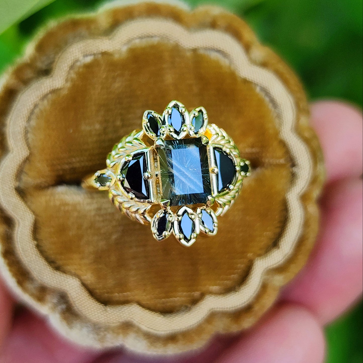 Natural Kenyan Sapphire Fantasy Emerald Cut Demeter Ring 14k Yellow Gold image 4