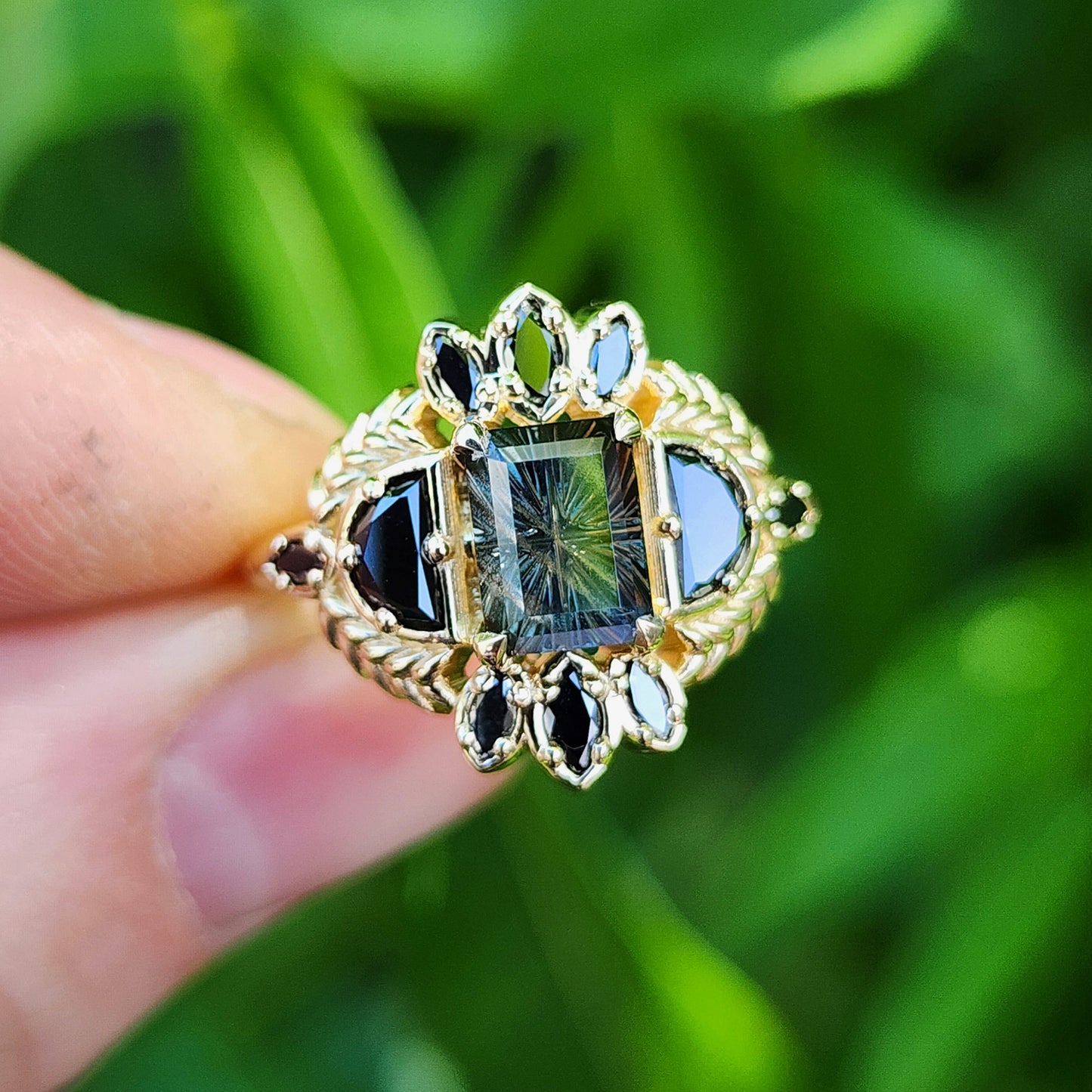 Natural Kenyan Sapphire Fantasy Emerald Cut Demeter Ring 14k Yellow Gold image 1