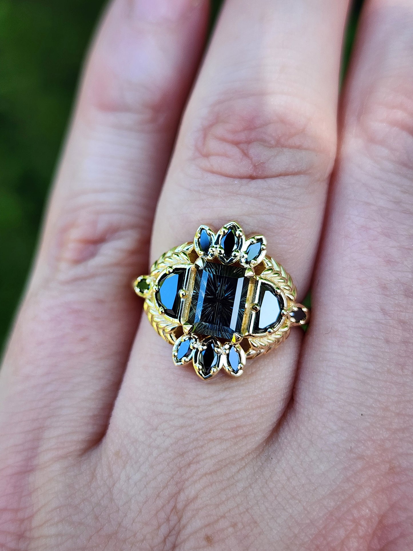 Ready to Ship 5-7 1.75ct Natural Kenyan Sapphire Fantasy Emerald Cut Demeter Ring 14k Yellow Gold