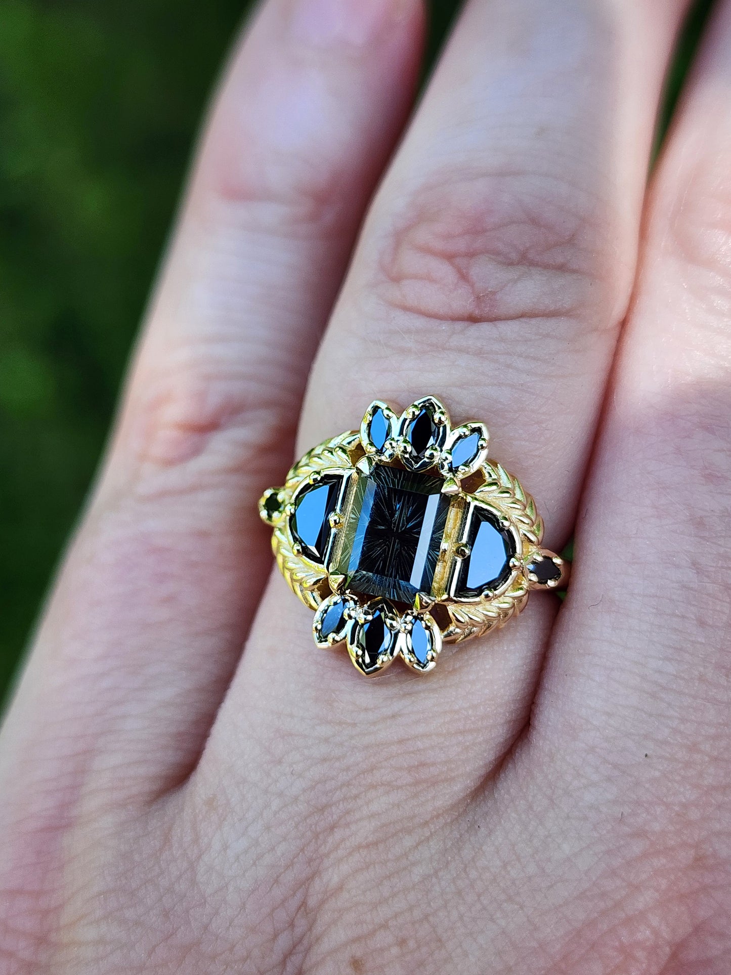 Ready to Ship 5-7 1.75ct Natural Kenyan Sapphire Fantasy Emerald Cut Demeter Ring 14k Yellow Gold