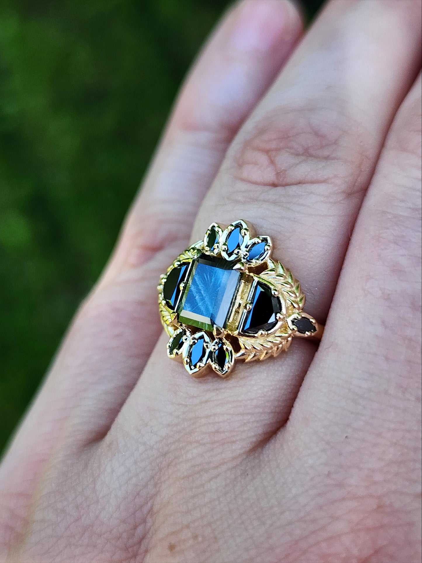Ready to Ship 5-7 1.75ct Natural Kenyan Sapphire Fantasy Emerald Cut Demeter Ring 14k Yellow Gold