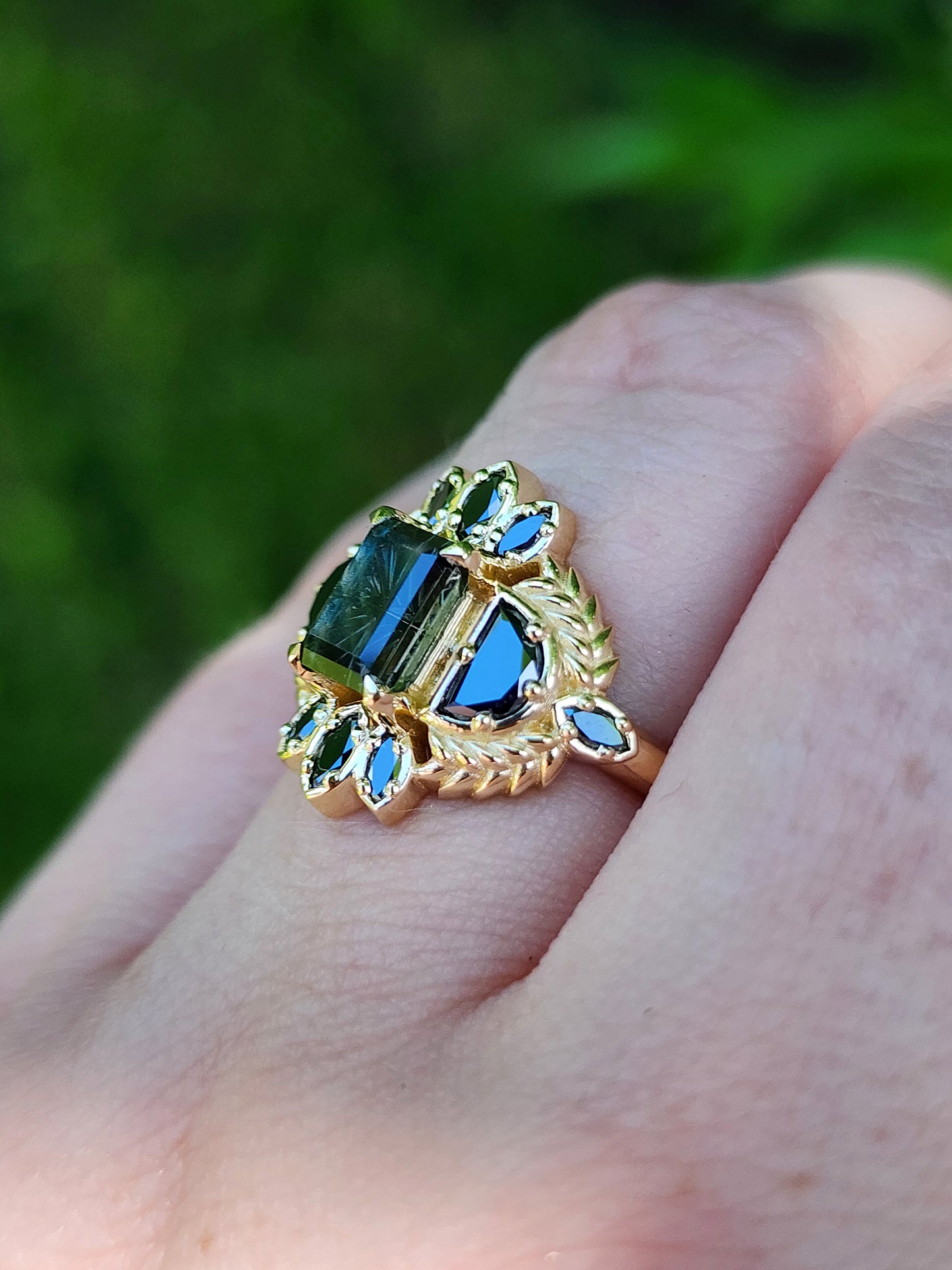 Ready to Ship 5-7 1.75ct Natural Kenyan Sapphire Fantasy Emerald Cut Demeter Ring 14k Yellow Gold