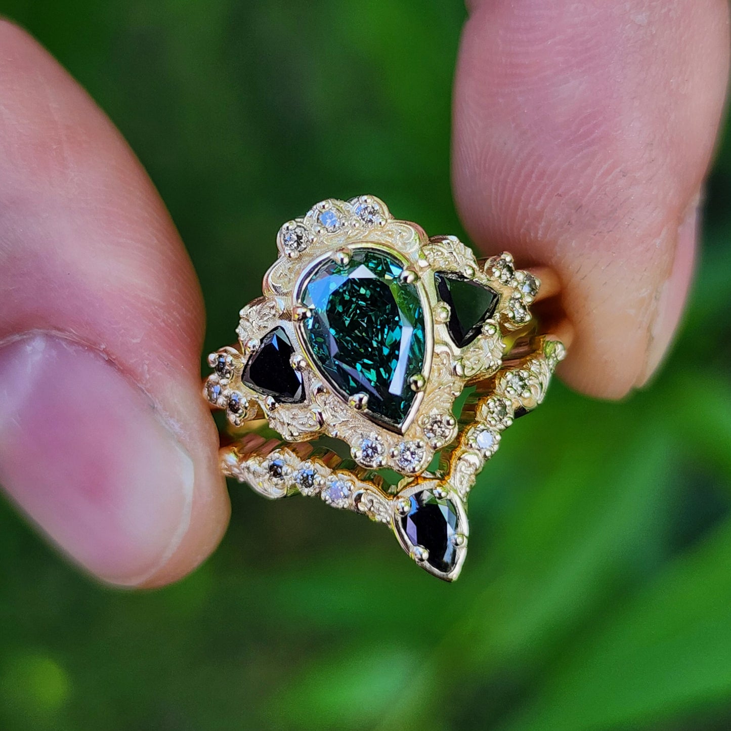 1.15ct Lab Green Diamond Pear Ophelia Wedding Ring Set 14k Yellow Gold image 1