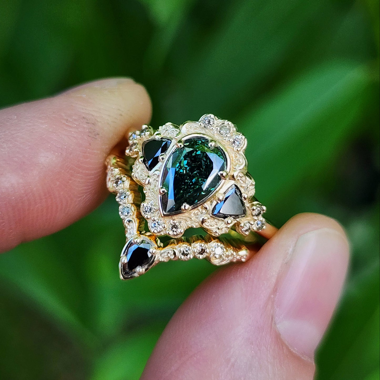 1.15ct Lab Green Diamond Pear Ophelia Wedding Ring Set 14k Yellow Gold image 3