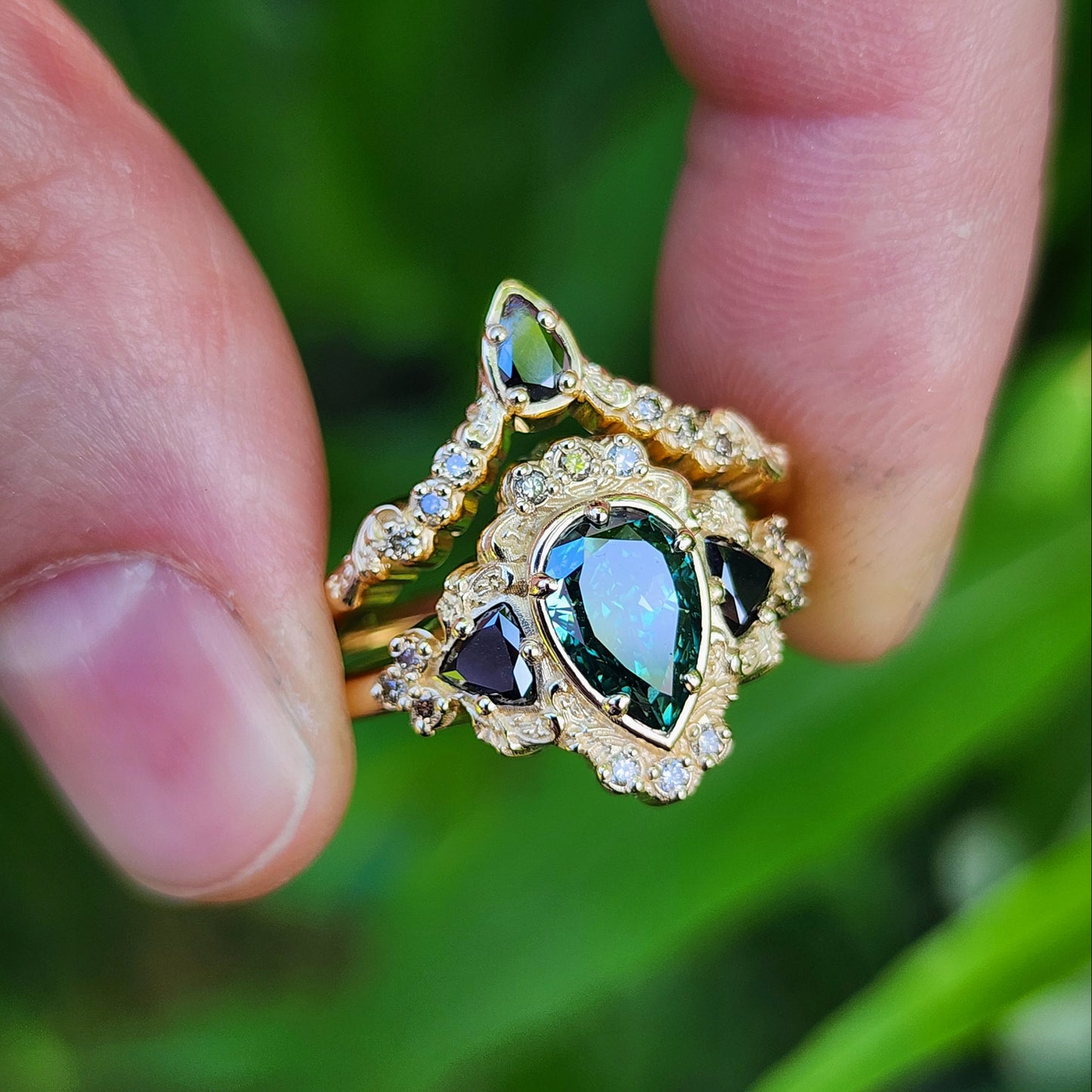 1.15ct Lab Green Diamond Pear Ophelia Wedding Ring Set 14k Yellow Gold image 5