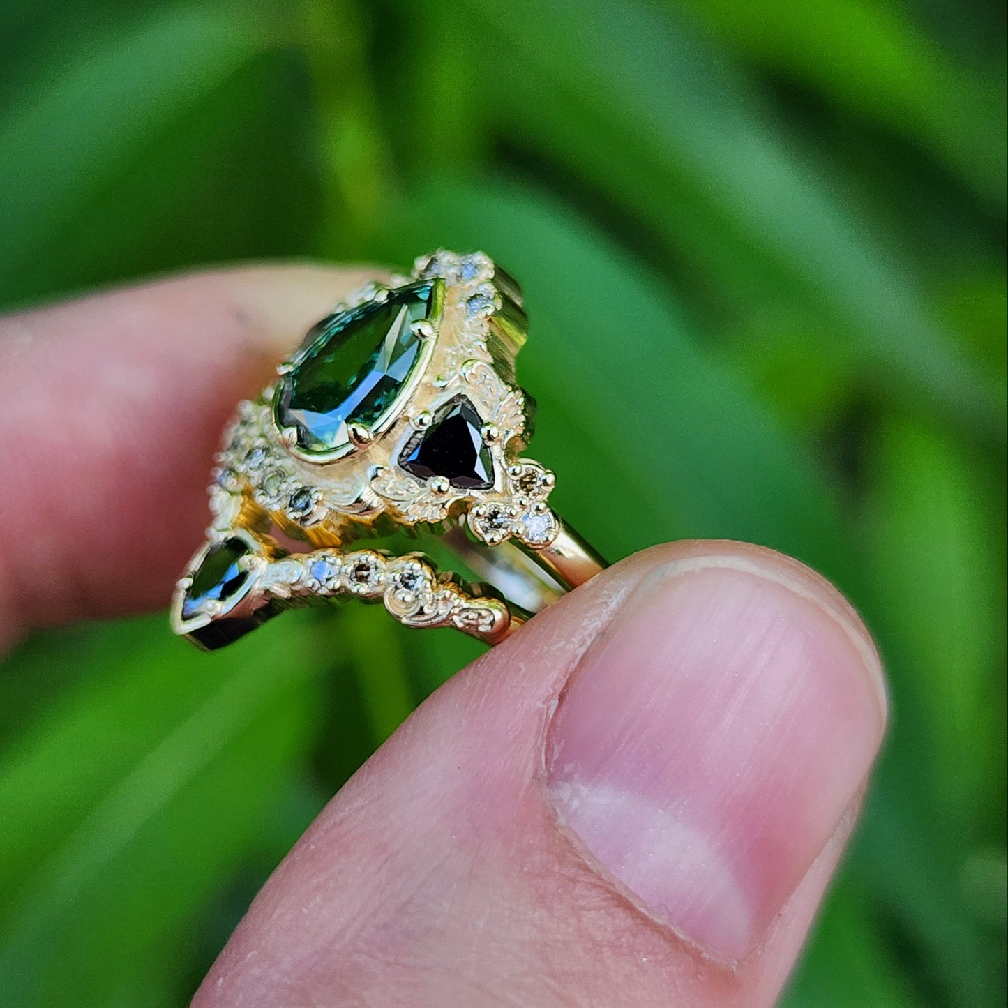 1.15ct Lab Green Diamond Pear Ophelia Wedding Ring Set 14k Yellow Gold image 6