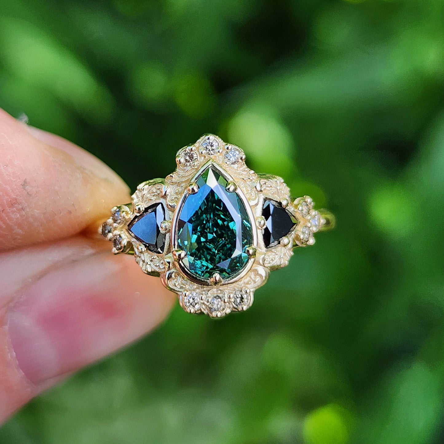 1.15ct Lab Green Diamond Pear Ophelia Wedding Ring Set 14k Yellow Gold image 7