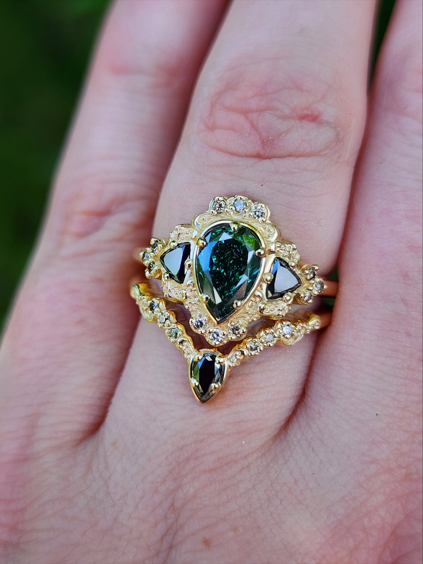 1.15ct Lab Green Diamond Pear Ophelia Wedding Ring Set 14k Yellow Gold image 8